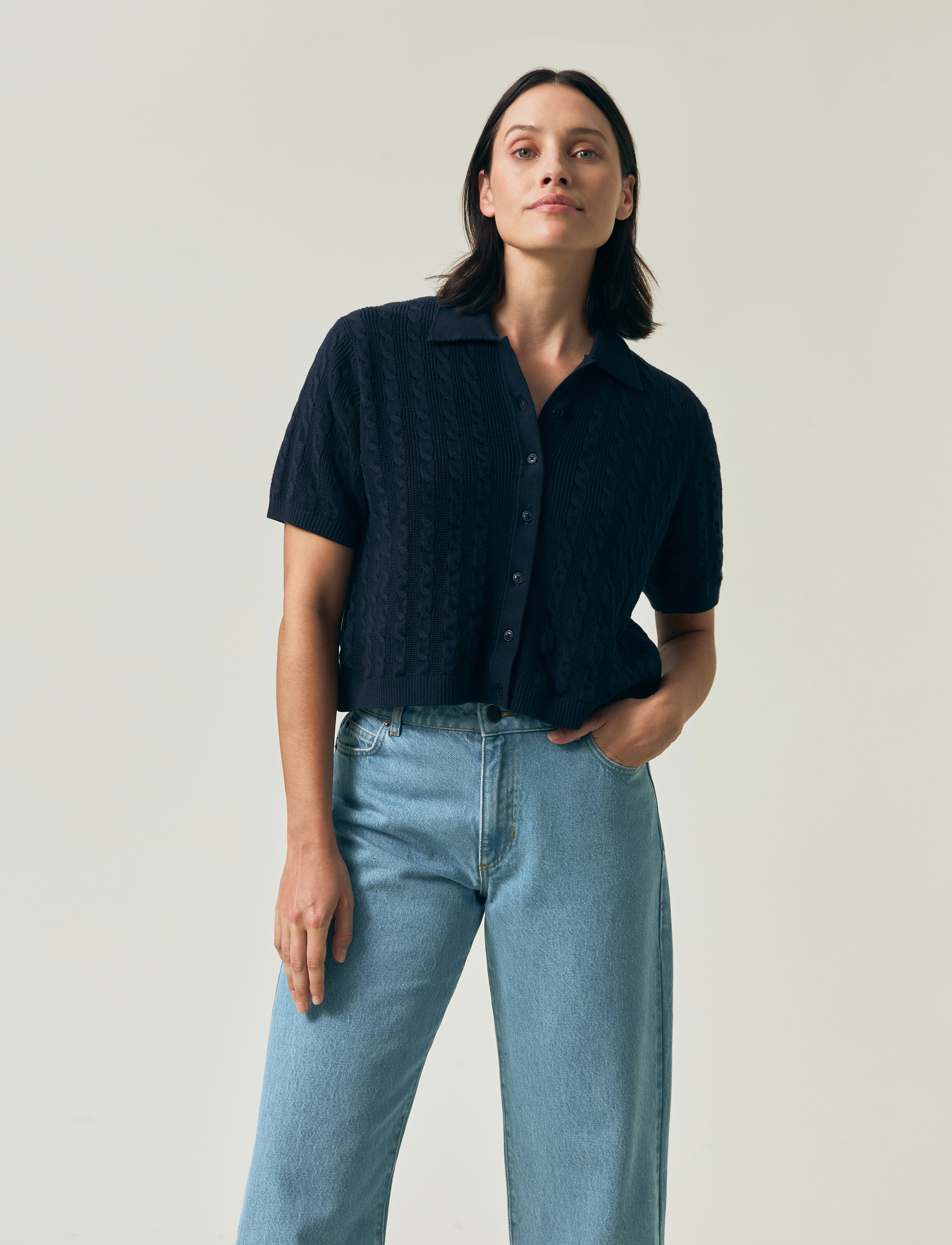 Lexington Clothing - Short Sleeve Cable Knitted Polo Cardigan - dark blue - 5