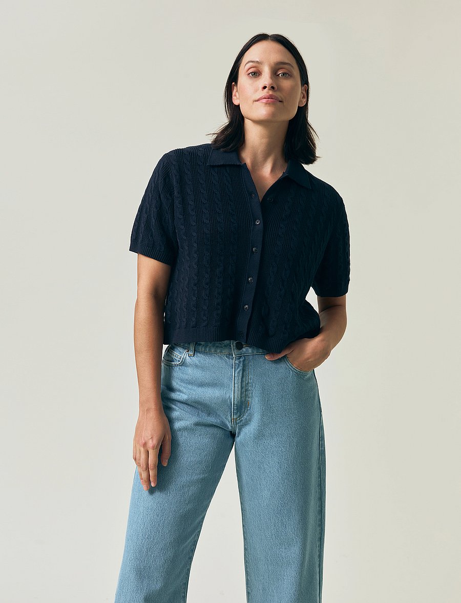 Lexington Clothing - Short Sleeve Cable Knitted Polo Cardigan - dark blue - 5