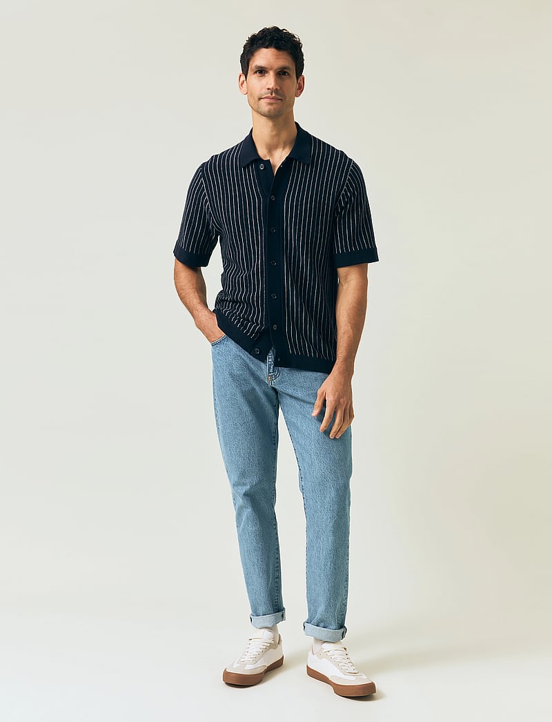 Lexington Clothing - Shortsleeve Polo Cardigan Sweater - lühikeste varrukatega särgid - dk blue/white stripe - 0