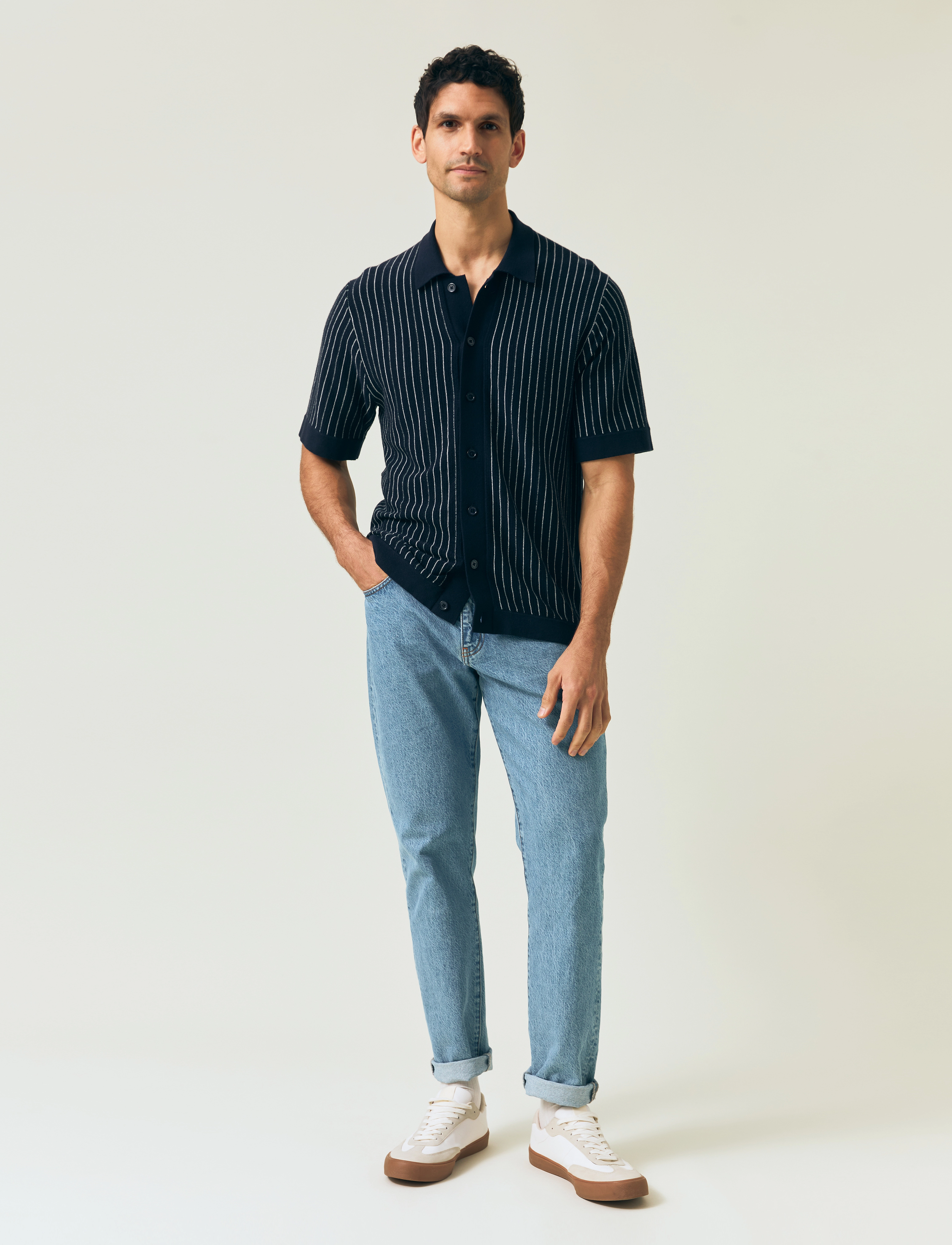 Lexington Clothing Shortsleeve Polo Cardigan Sweater - Skjorter - DK BLUE/WHITE STRIPE / black