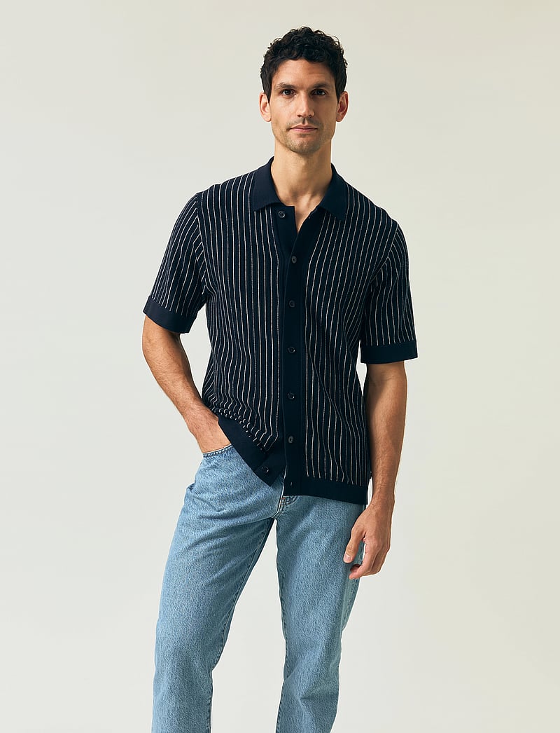 Lexington Clothing - Shortsleeve Polo Cardigan Sweater - lühikeste varrukatega särgid - dk blue/white stripe - 4