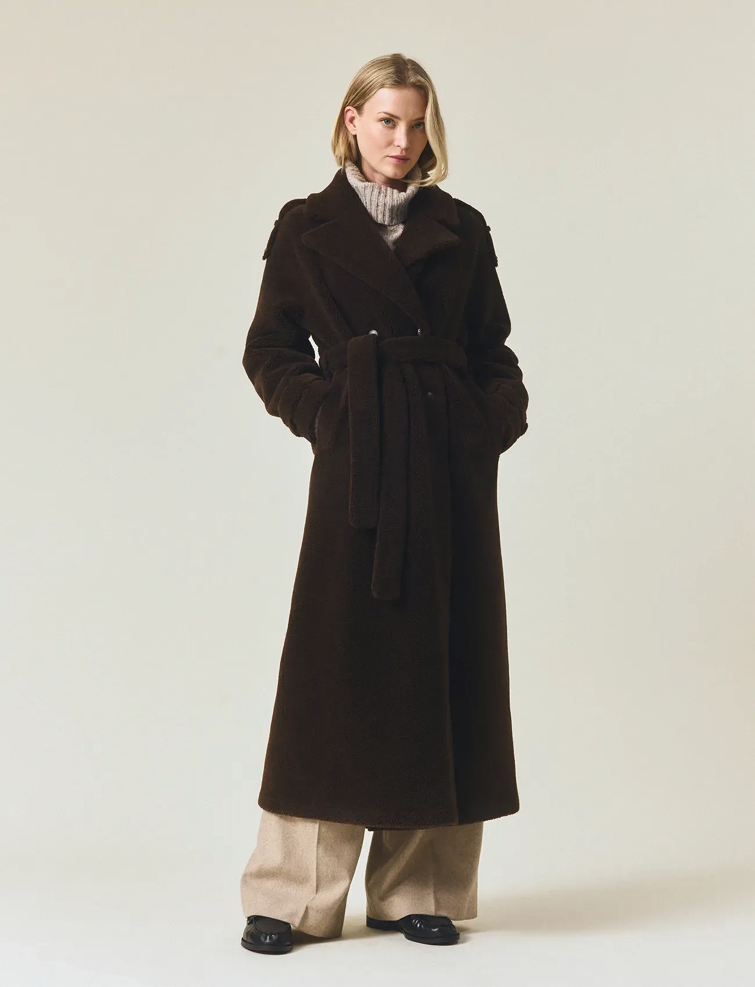 Lexington Clothing Maxi Belted Wool Blend Teddy Coat, L, Coats, Braun - Trench Frauen