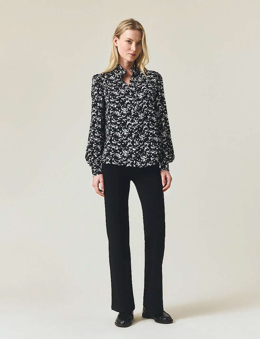 Lexington Clothing - Printed Frill Blouse - langærmede bluser - black/white print - 0
