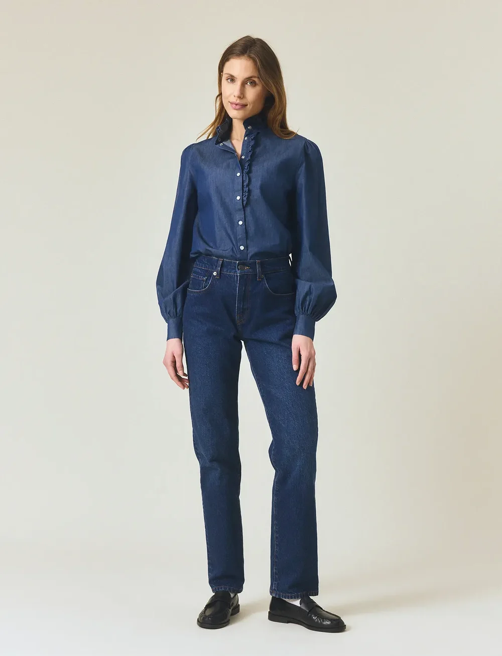 Lexington Clothing - Denim Frill Blouse - jeansskjortor - medium blue denim - 0