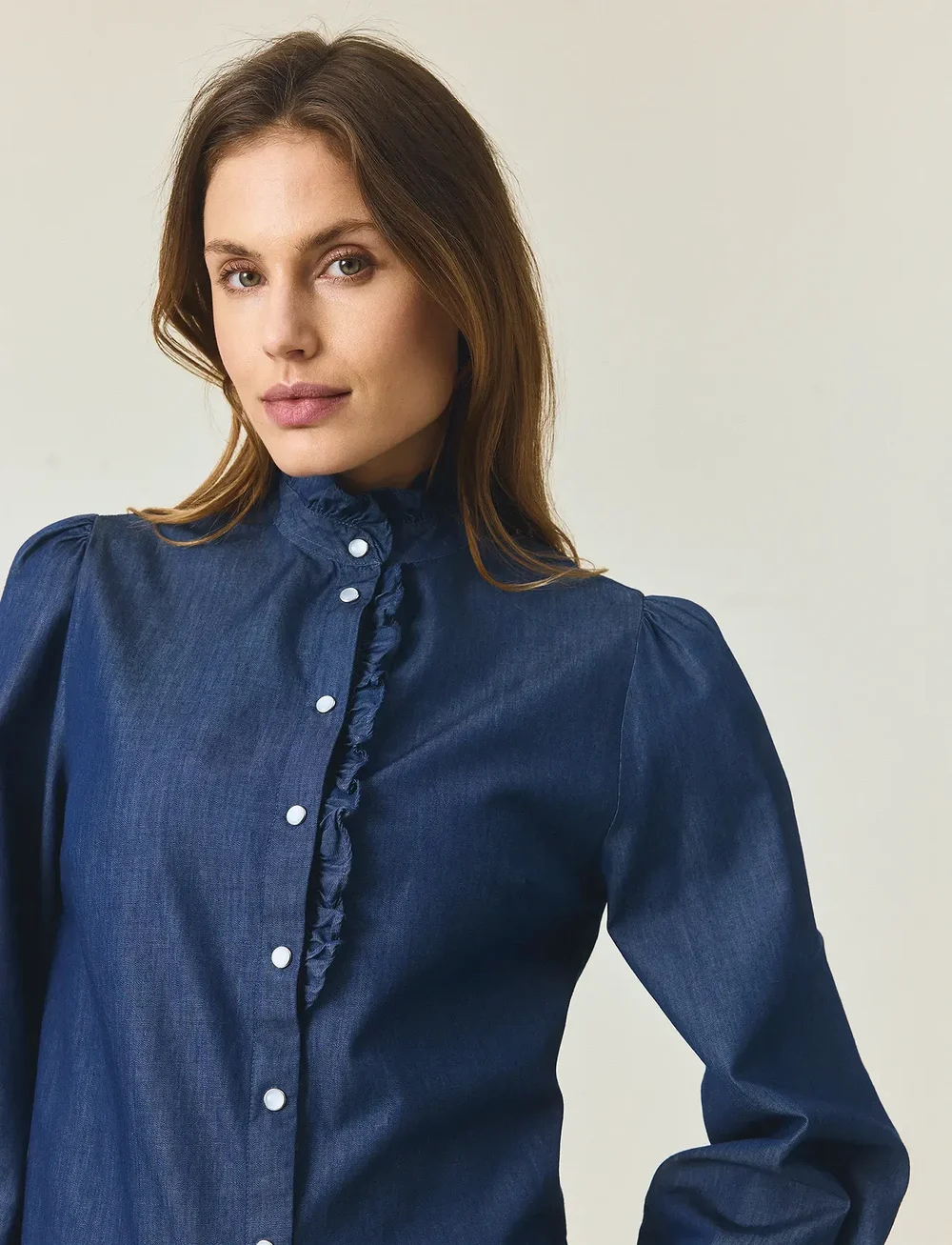 Lexington Clothing - Denim Frill Blouse - jeansskjortor - medium blue denim - 4