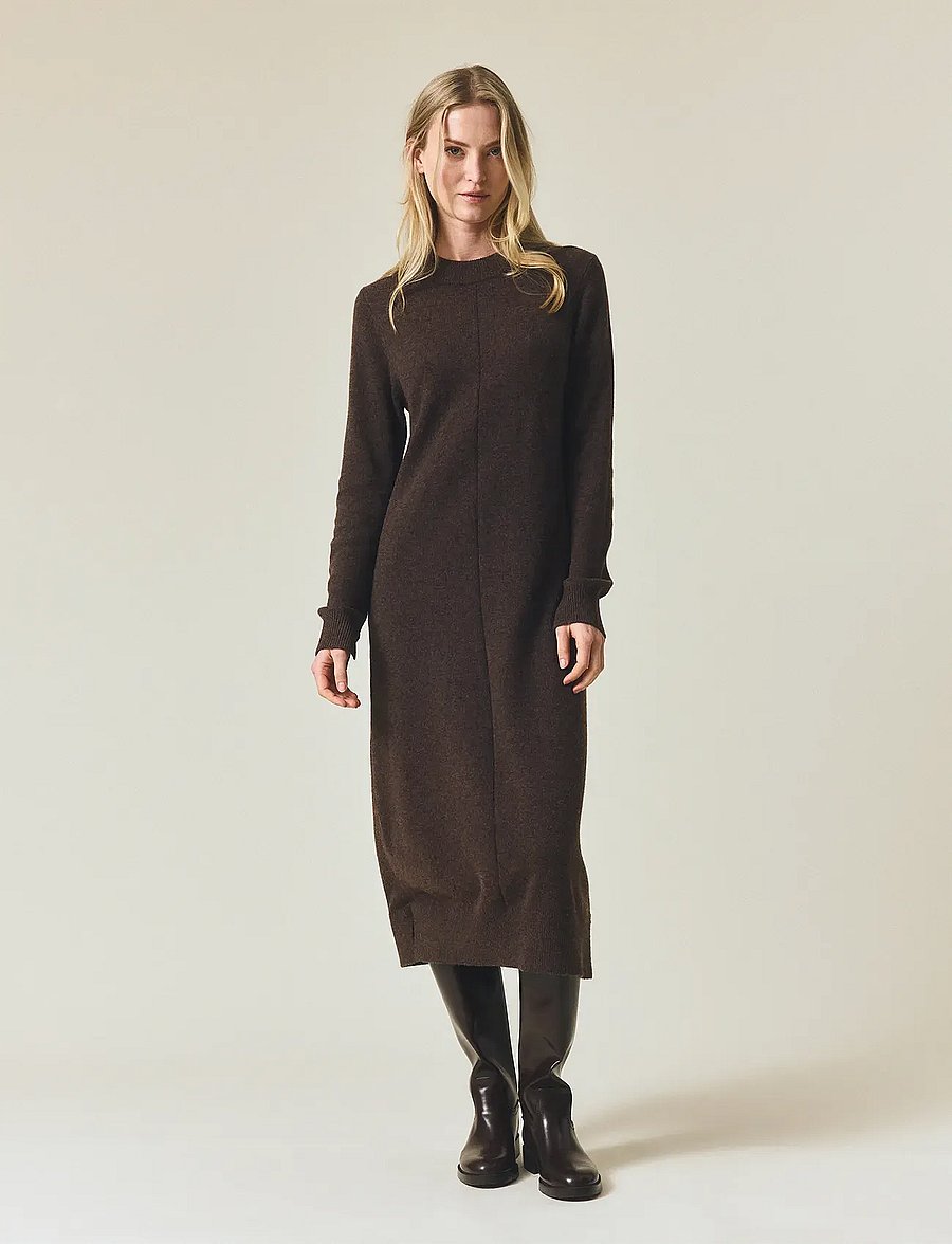 Lexington Clothing - Straight Fit Midi Knitted Dress - knitted dresses - dark brown melange - 0