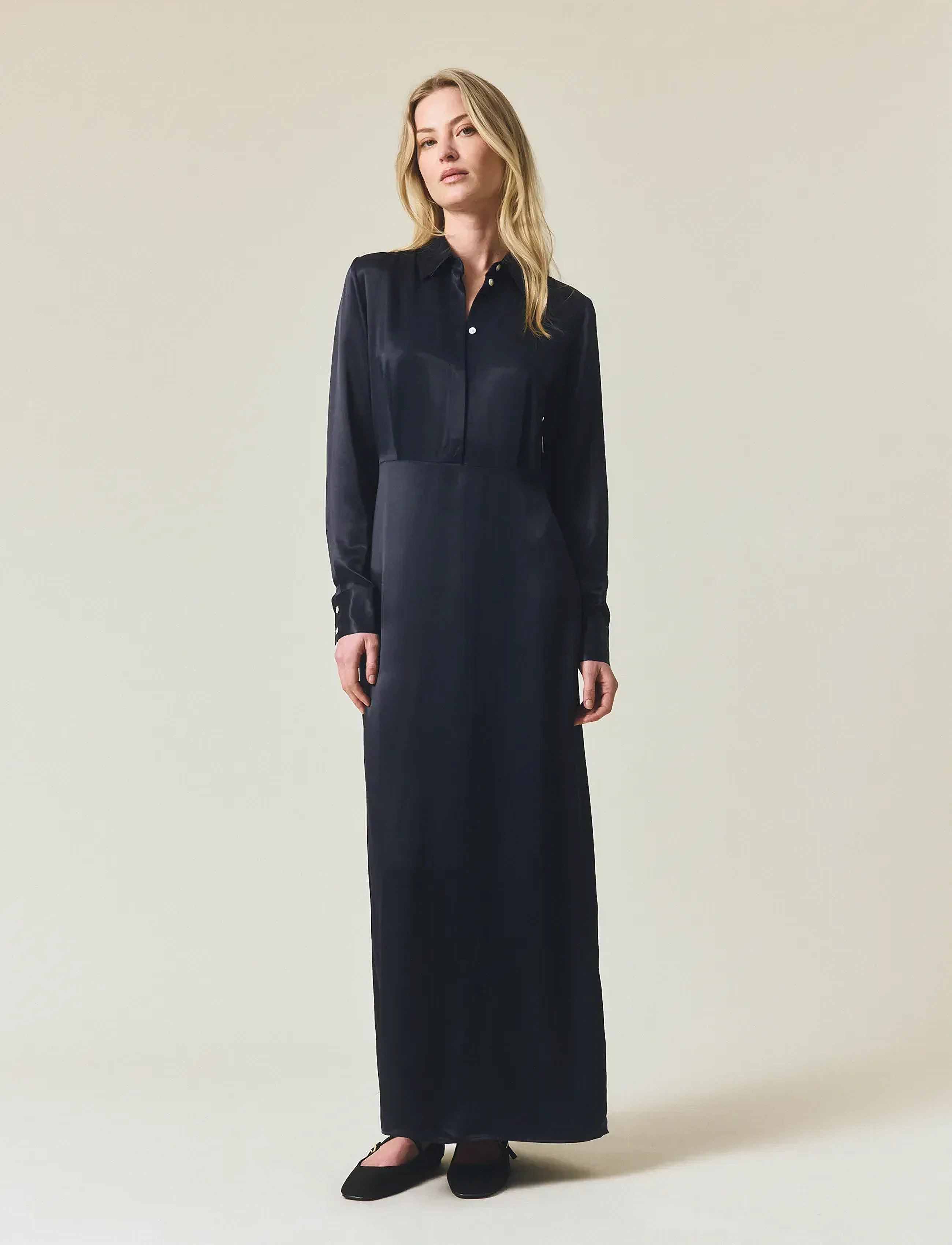 Lexington Clothing Maxi Satin Shirt Dress, M, Dresses, Marineblau - Frauen