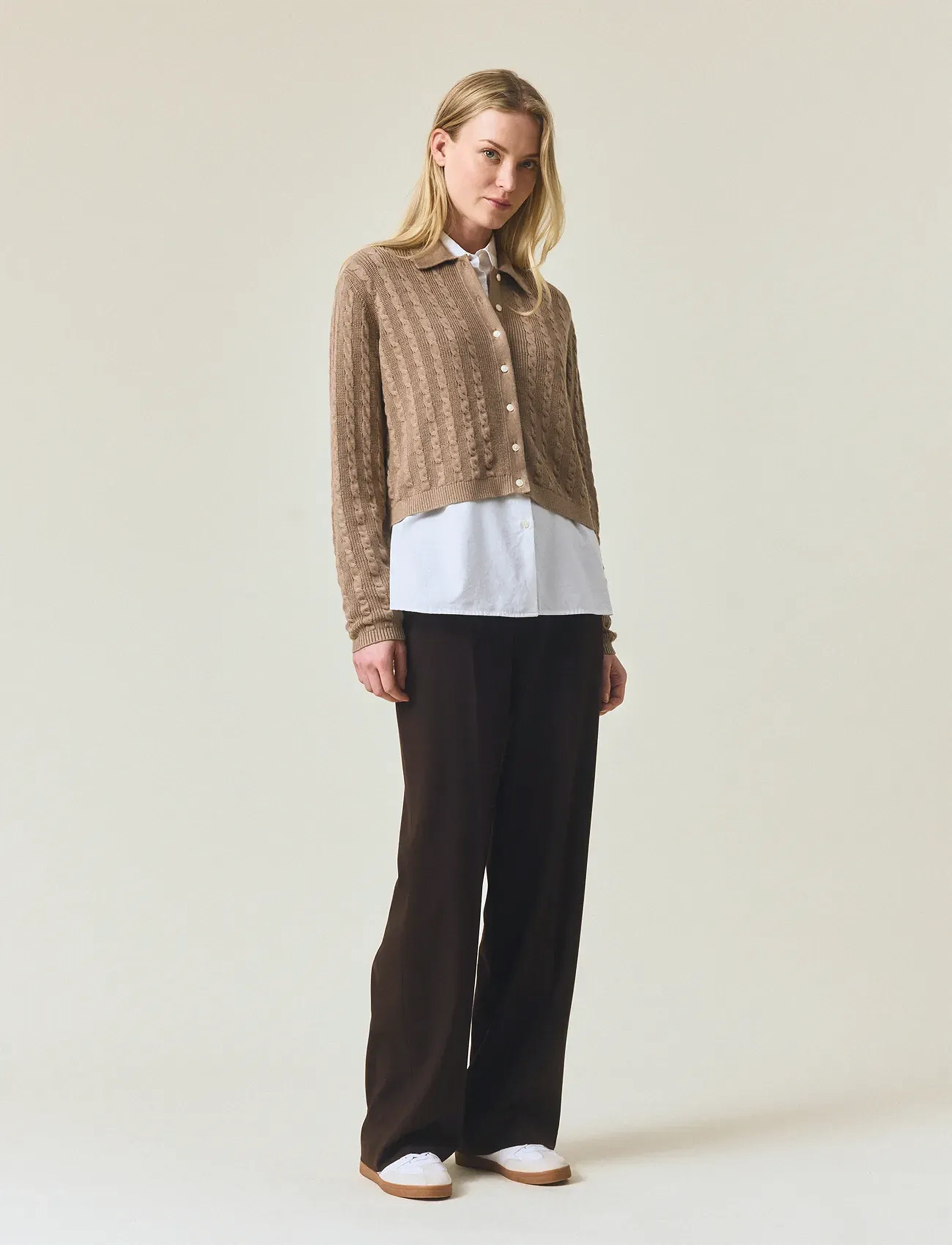Lexington Clothing Classic Fit Cable Knitted Polo Cardigan, M, Beige, Strik > Cardigans, Dame