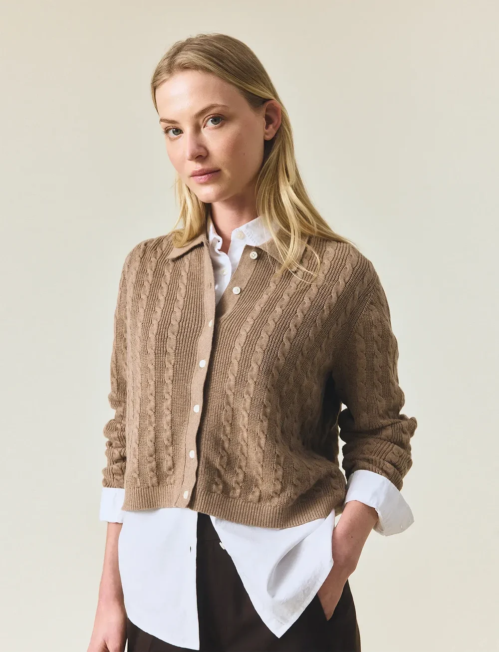 Lexington Clothing - Classic Fit Cable Knitted Polo Cardigan - cardigans - beige melange - 4