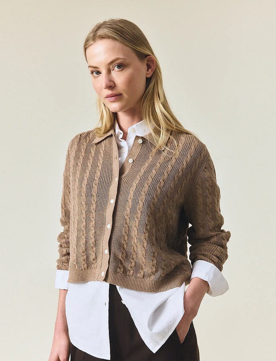 Lexington Clothing - Classic Fit Cable Knitted Polo Cardigan - gilets - beige melange - 4
