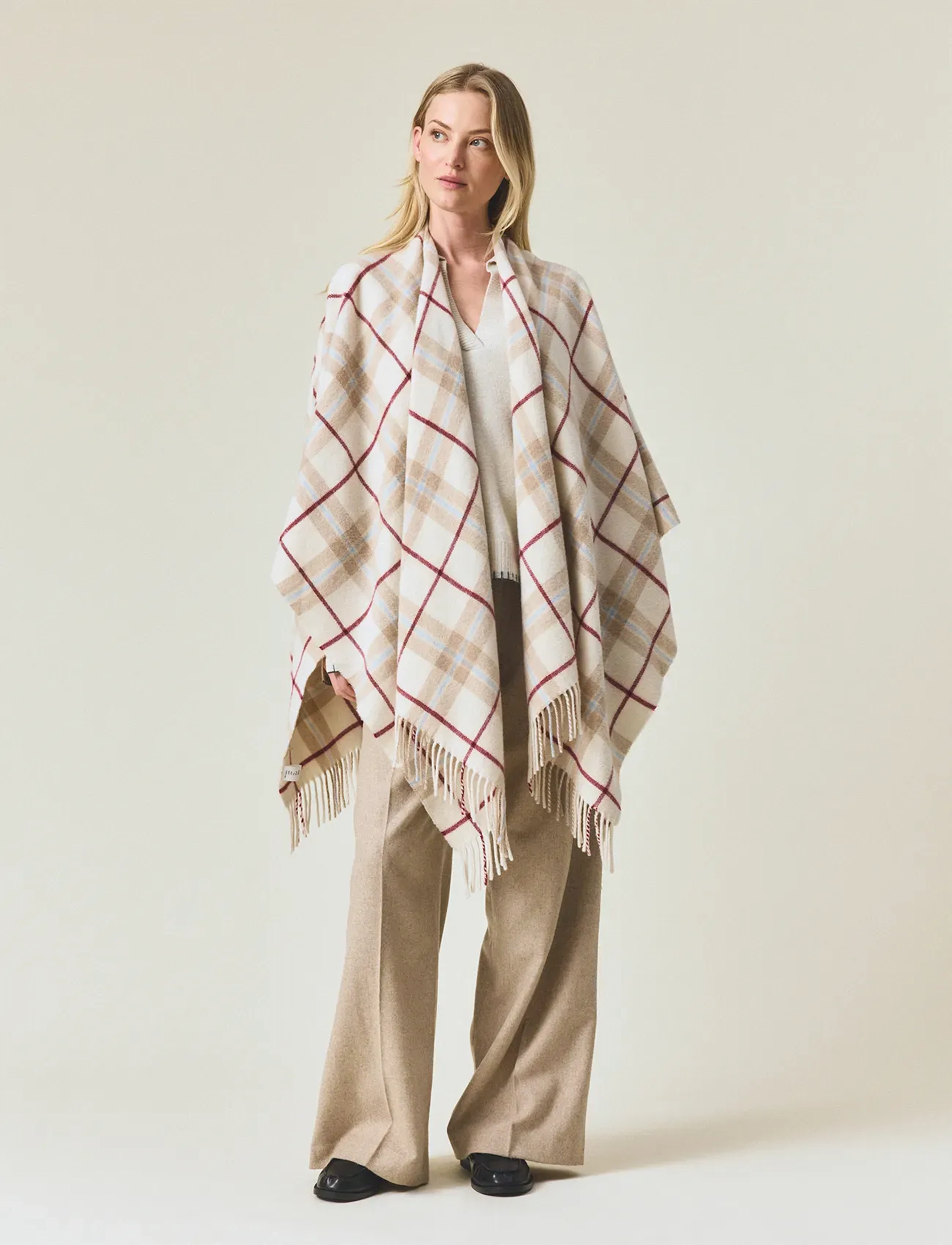 Lexington Clothing Checked Recycled Wool Blend Poncho, One Size, Knitwear, Beige - Ponchos, Frauen