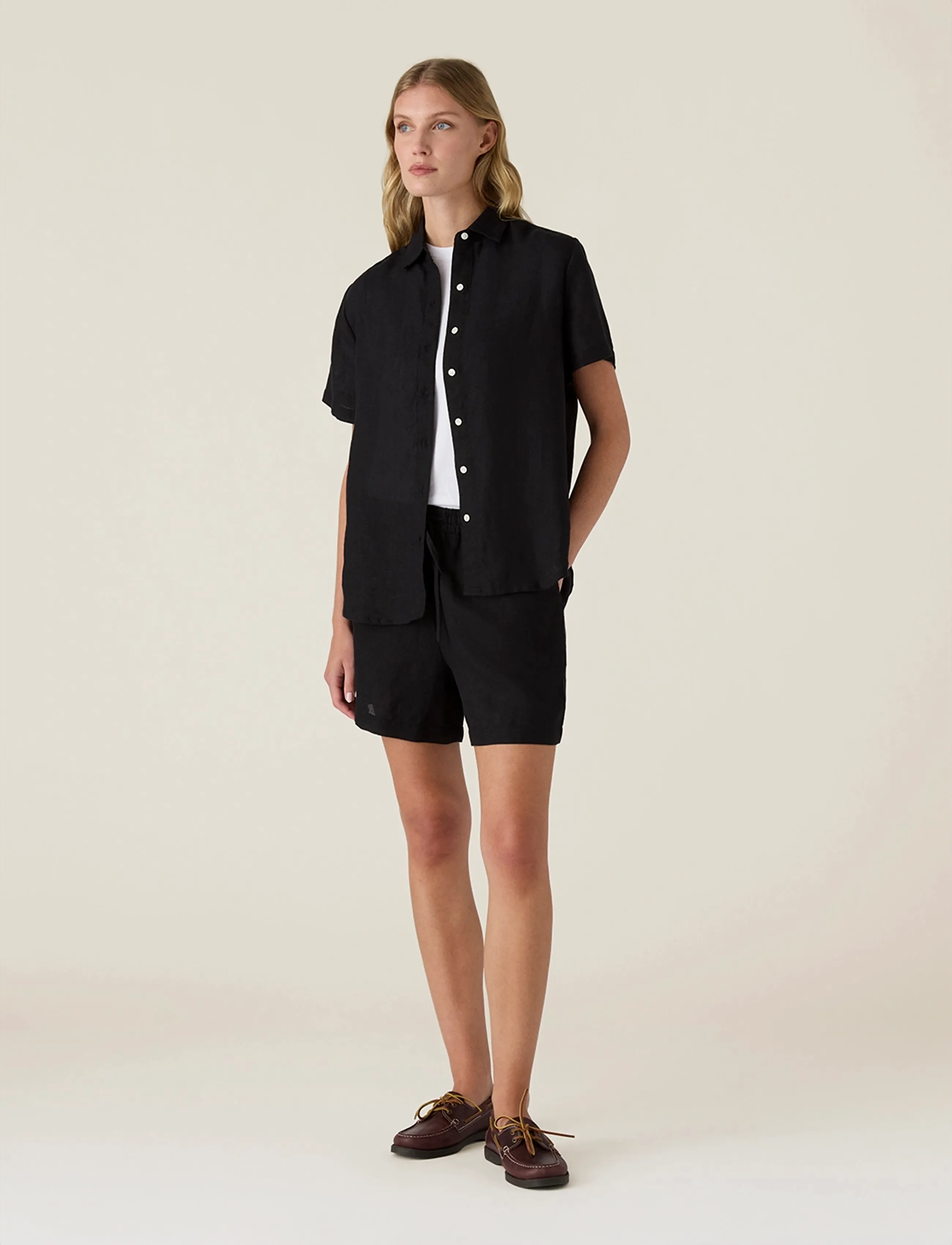 Lexington Clothing Casual Short Sleeve Linen Shirt, L, Shirts, Schwarz - Short-sleeved, Frauen