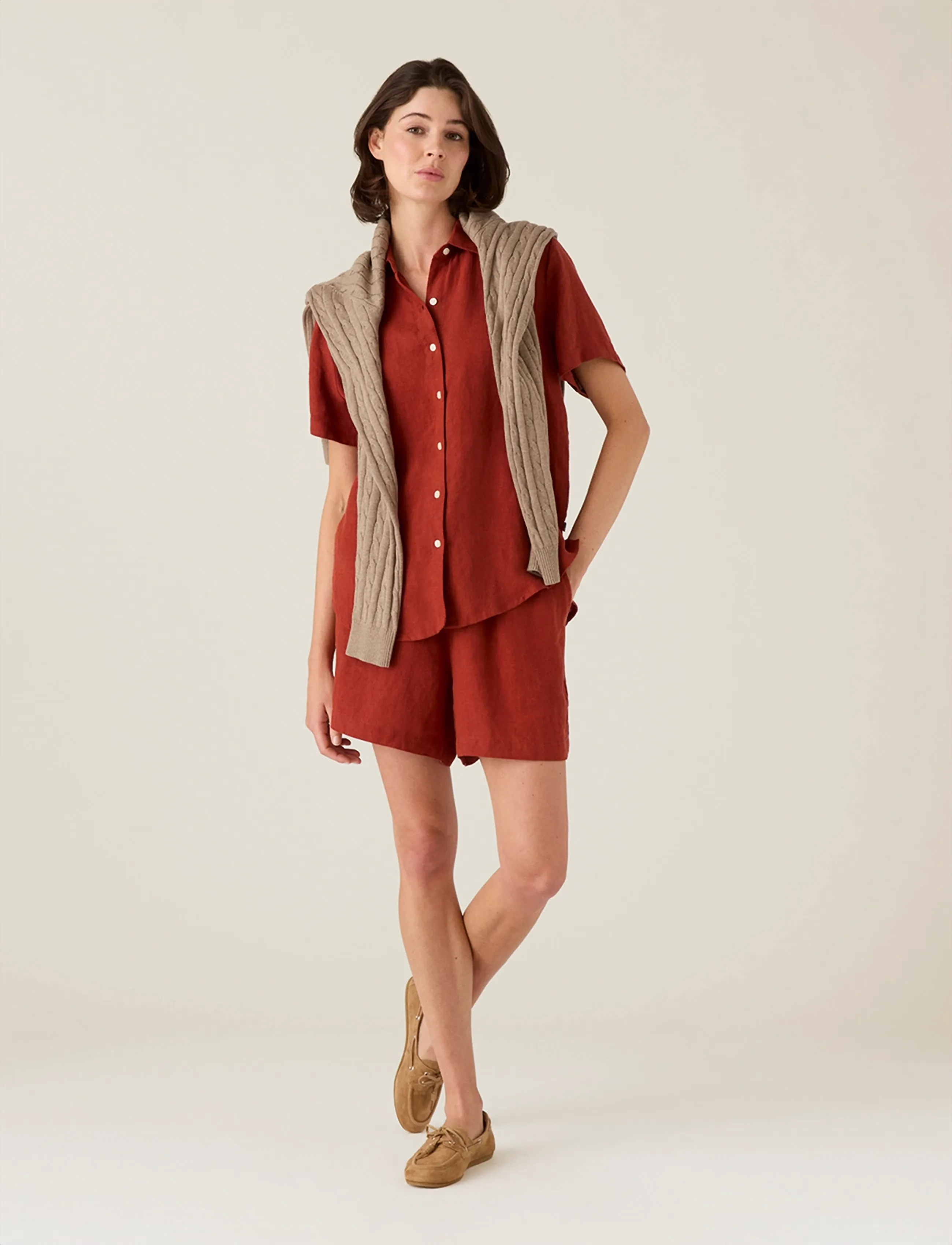 Lexington Clothing Casual Short Sleeve Linen Shirt, XS, Shirts, Rot - Short-sleeved, Frauen