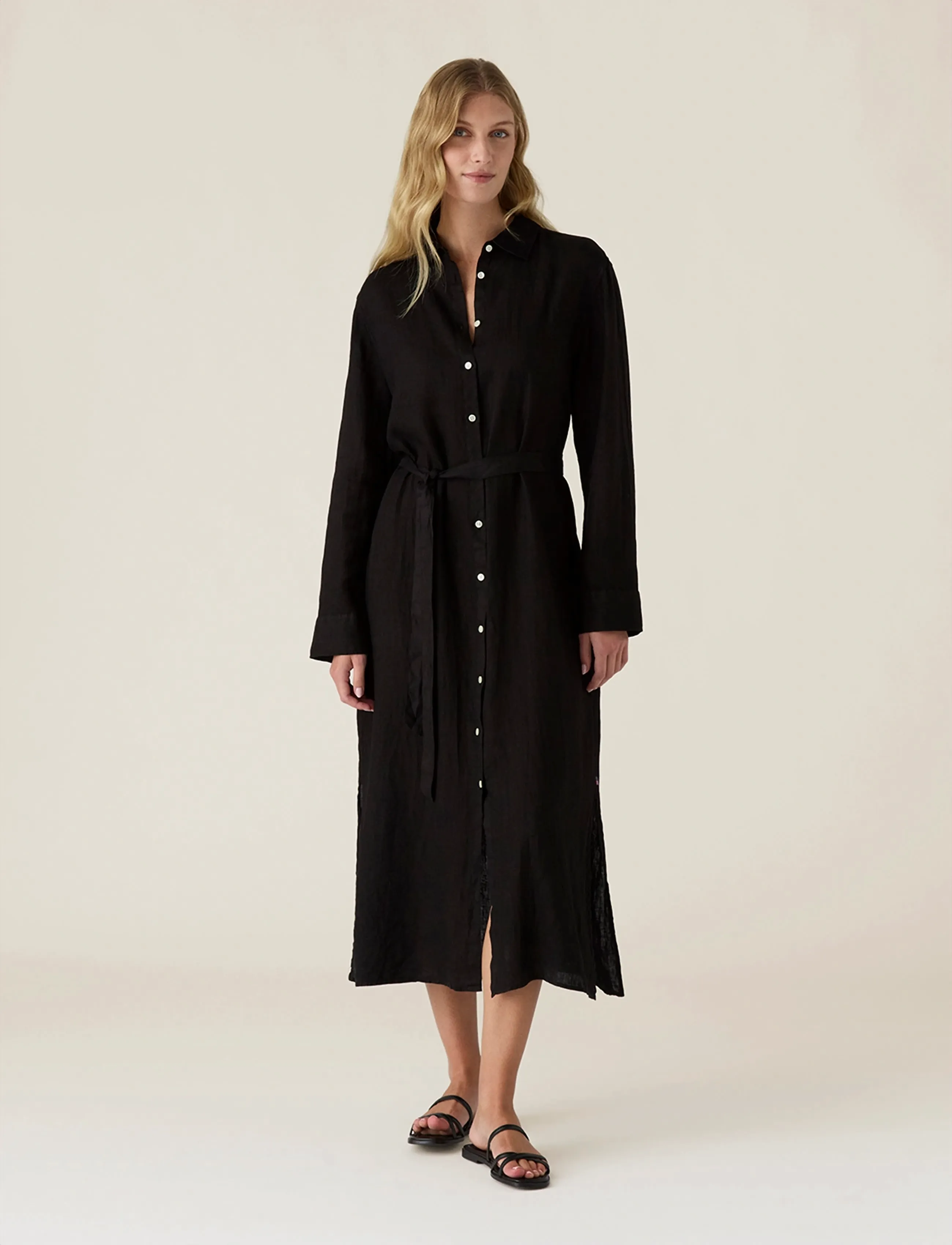 Lexington Clothing Long Linen Shirt Dress - Büromode - BLACK / black