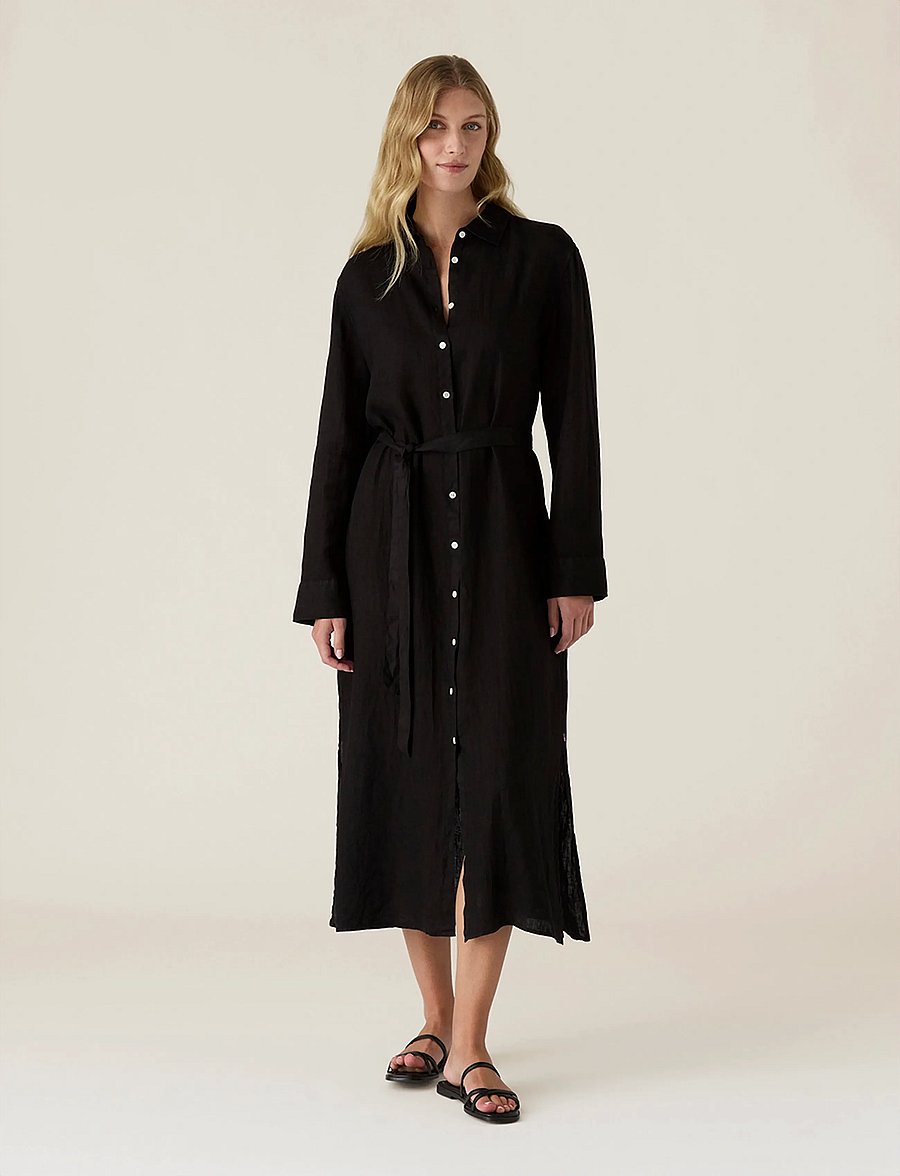 Lexington Clothing - Long Linen Shirt Dress - skjortekjoler - black - 0