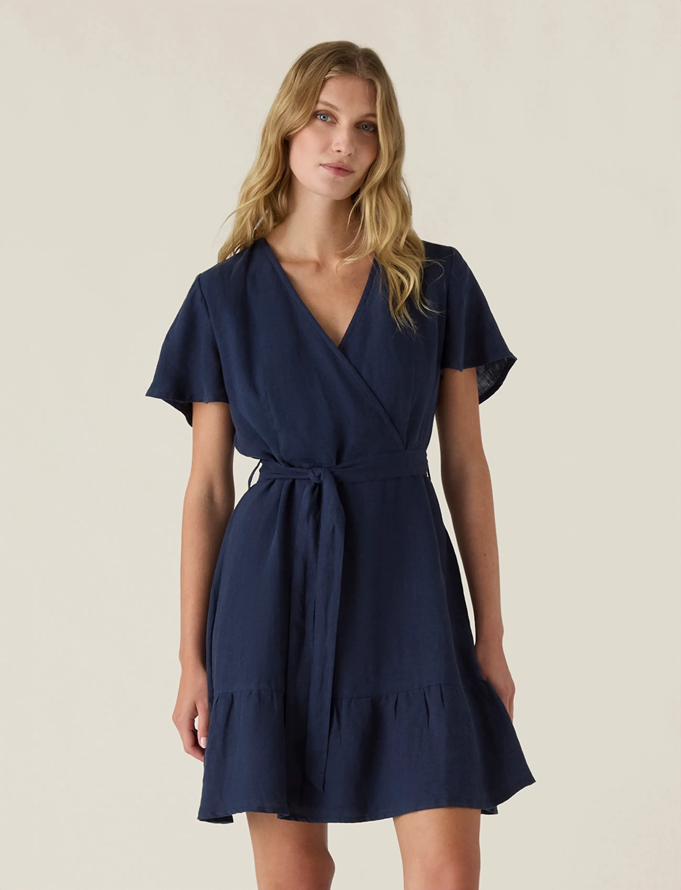 Lexington Clothing - Belted Linen V-neck Dress - konfirmation - dark blue - 3