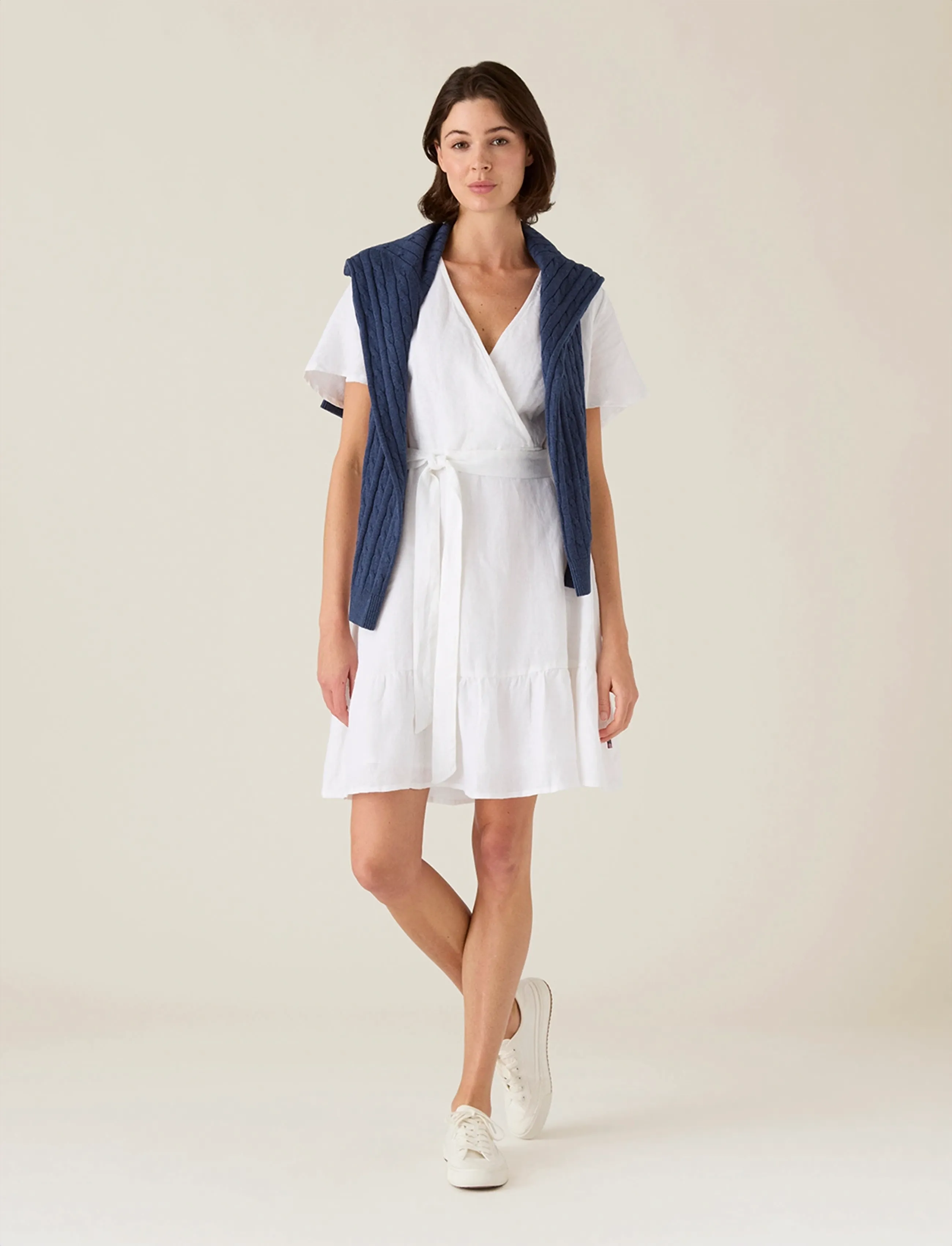 Lexington Clothing Belted Linen V-neck Dress - Lexington Clothing - WHITE / white