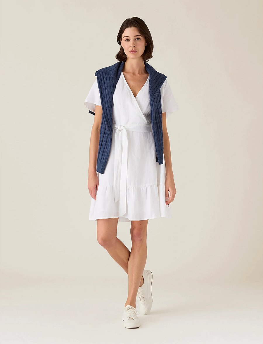 Lexington Clothing - Belted Linen V-neck Dress - konfirmation - white - 0