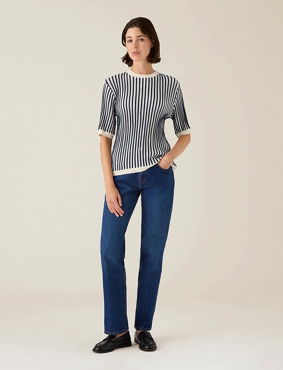 Lexington Clothing - Multi Striped Short Sleeve Knitted Sweater - striktrøjer - dk blue/white stripe - 0