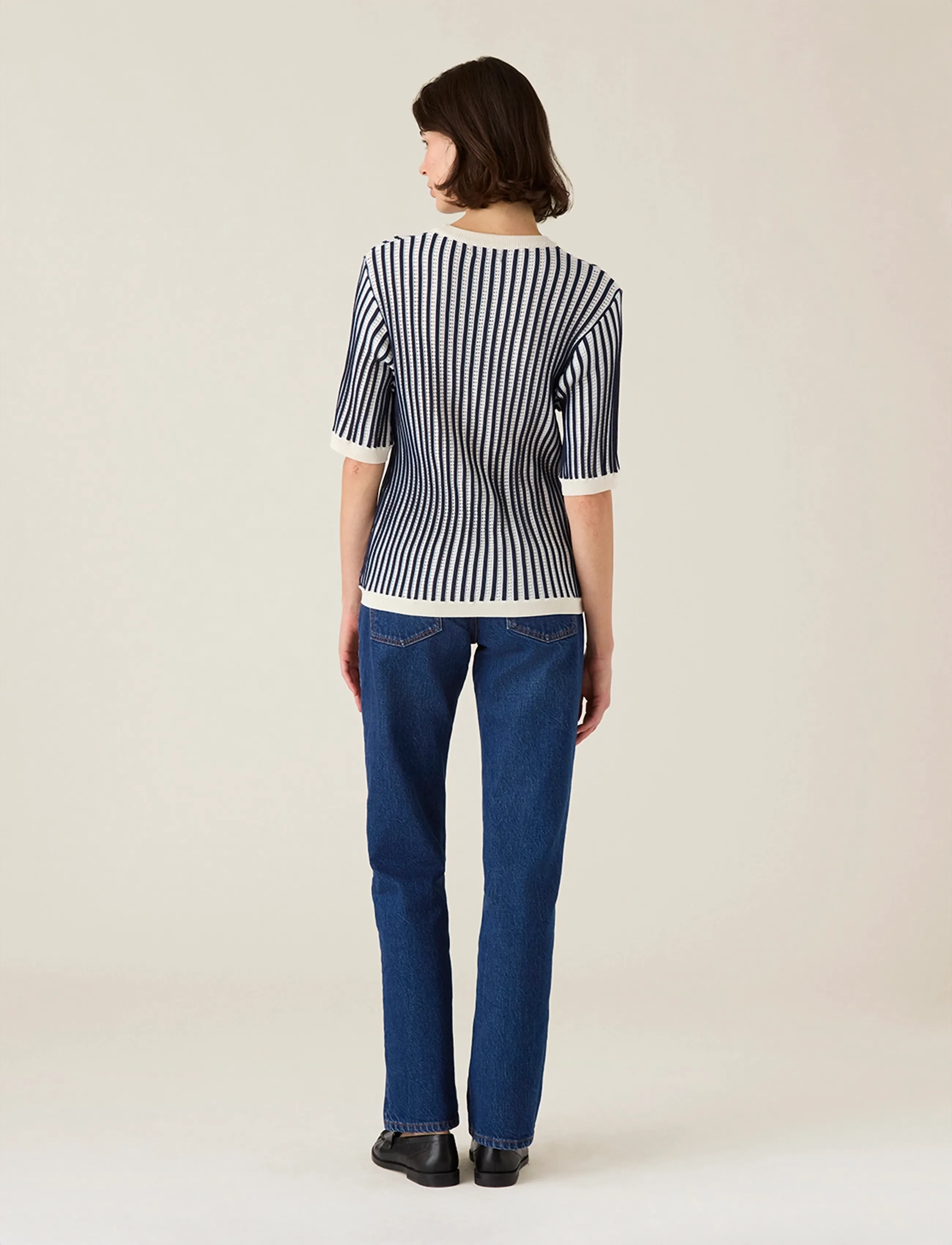 Lexington Clothing - Multi Striped Short Sleeve Knitted Sweater - striktrøjer - dk blue/white stripe - 2