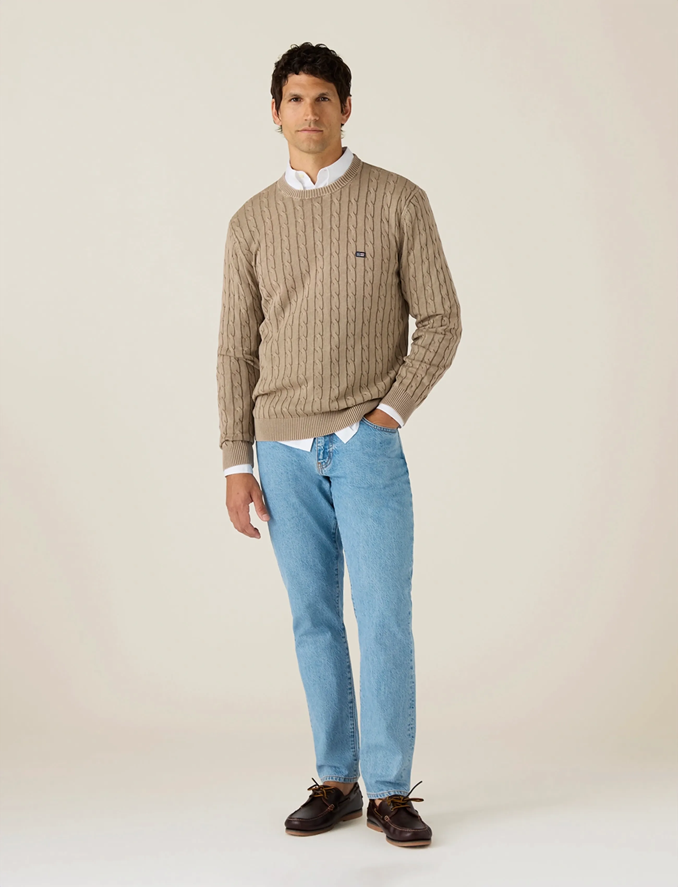 Lexington Clothing Cotton Faded Cable Knitted Sweater - Rundhals - LIGHT BROWN / beige