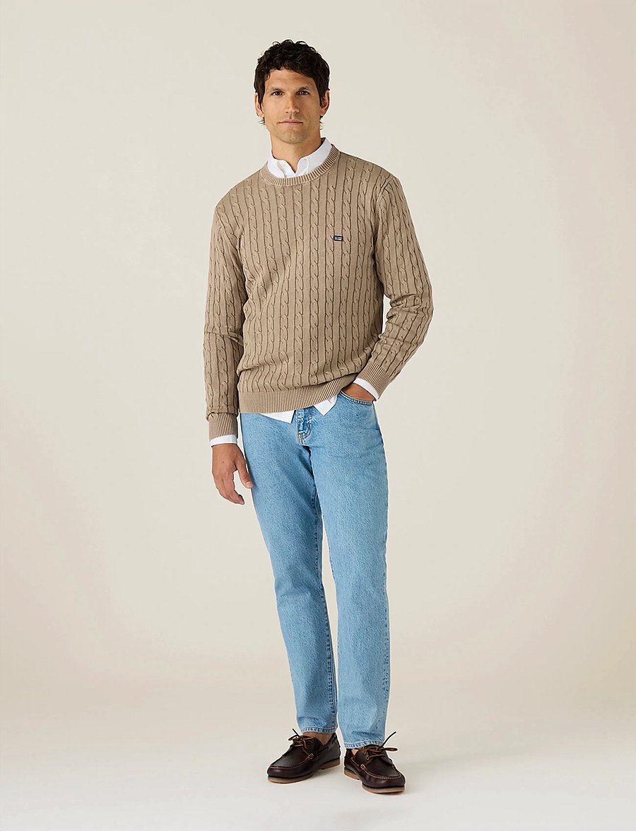Lexington Clothing - Cotton Faded Cable Knitted Sweater - prjónaðir kragar - light brown - 0