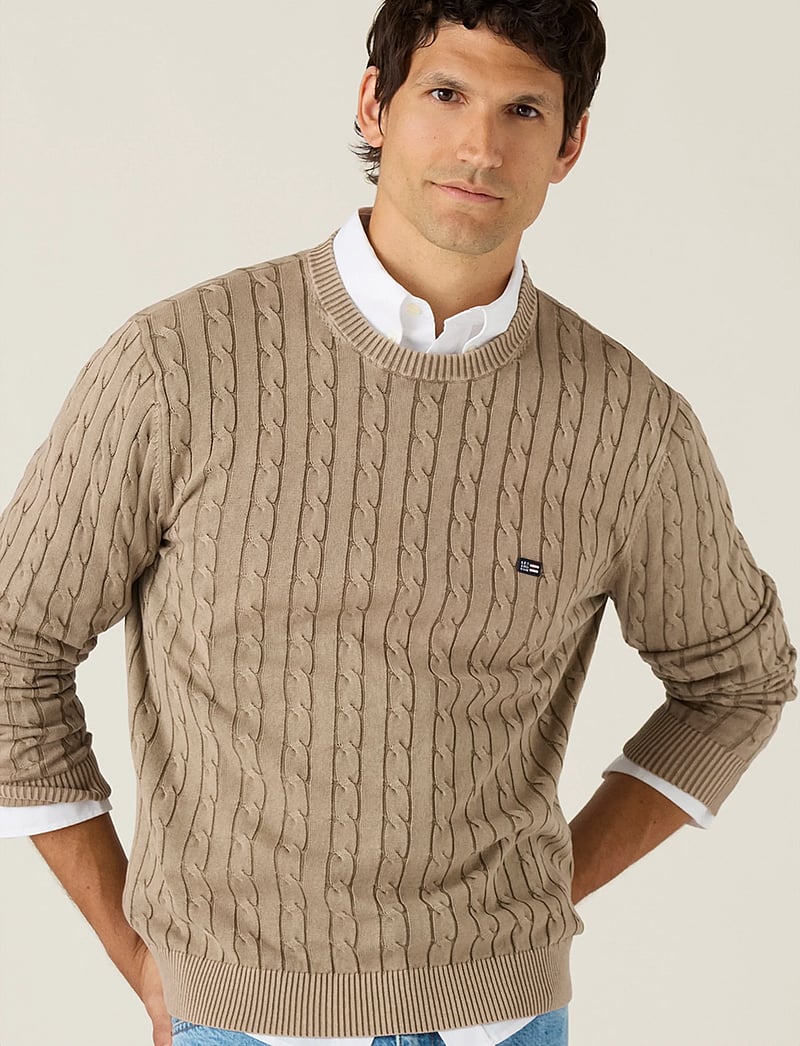 Lexington Clothing - Cotton Faded Cable Knitted Sweater - knitted round necks - light brown - 3
