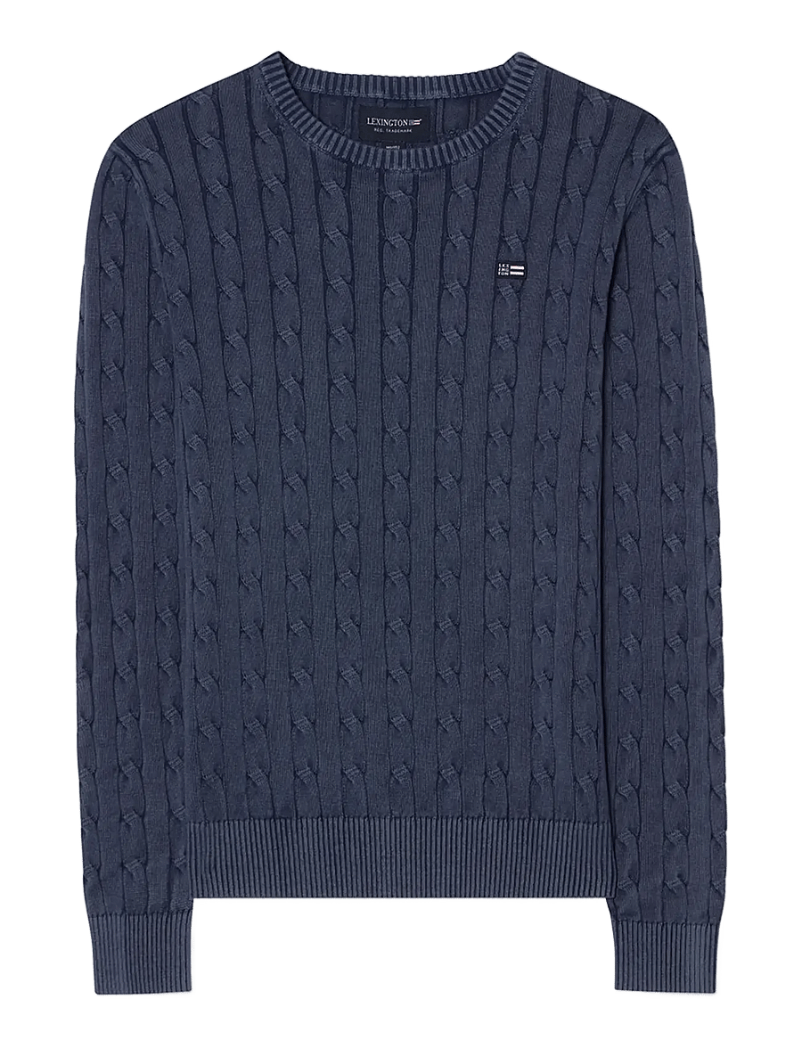 Lexington Clothing - Cotton Faded Cable Knitted Sweater - rund hals - medium blue - 1