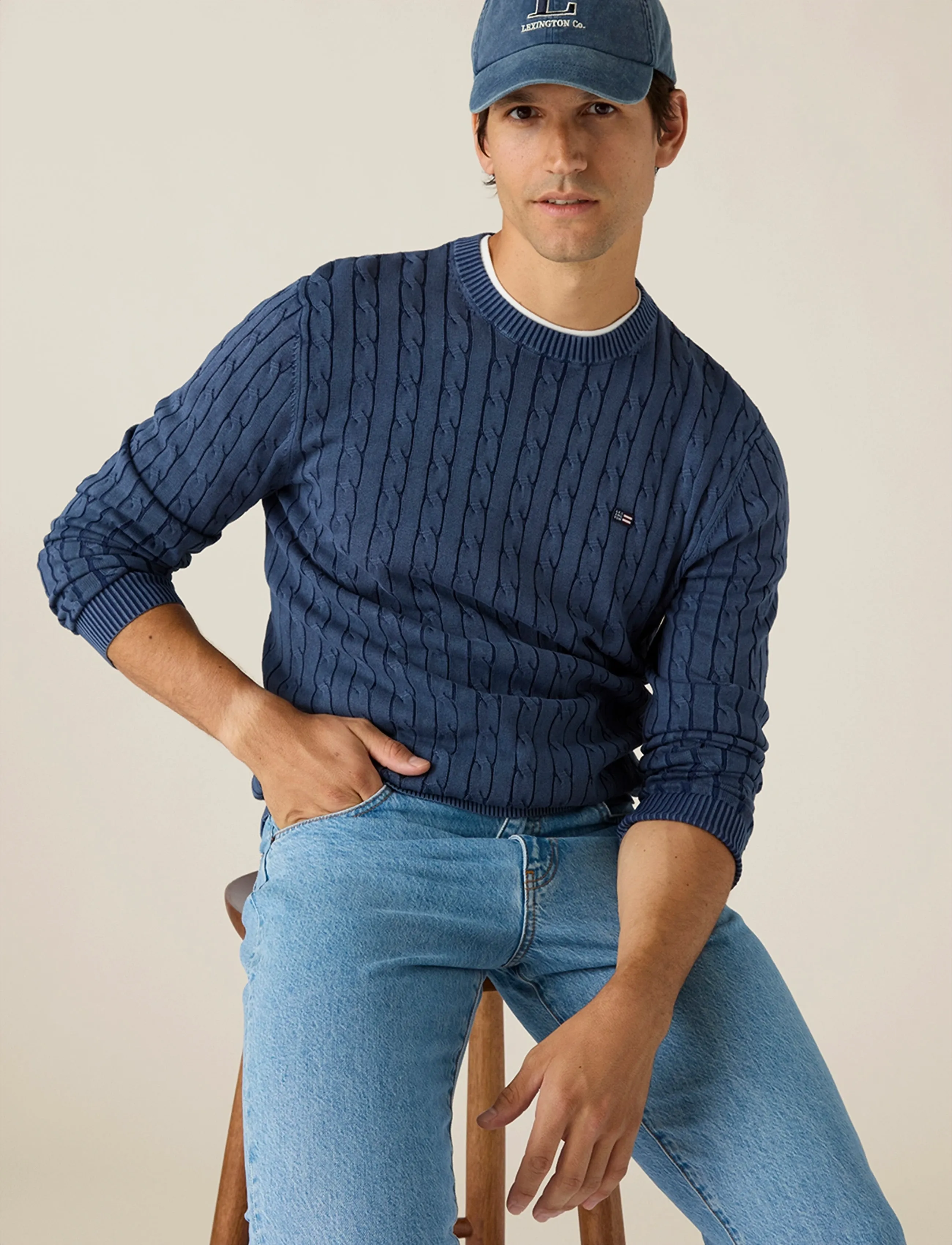 Lexington Clothing - Cotton Faded Cable Knitted Sweater - rund hals - medium blue - 3
