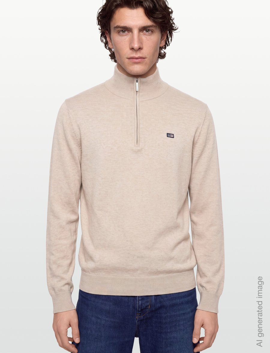 Lexington Clothing - Cotton Half-Zip Knitted Sweater - half zip jumpers - beige melange - 3