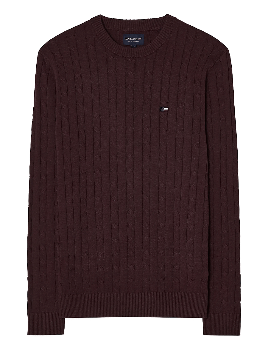 Lexington Clothing - Cotton Cable Knitted Sweater - round necks - dark red melange - 0