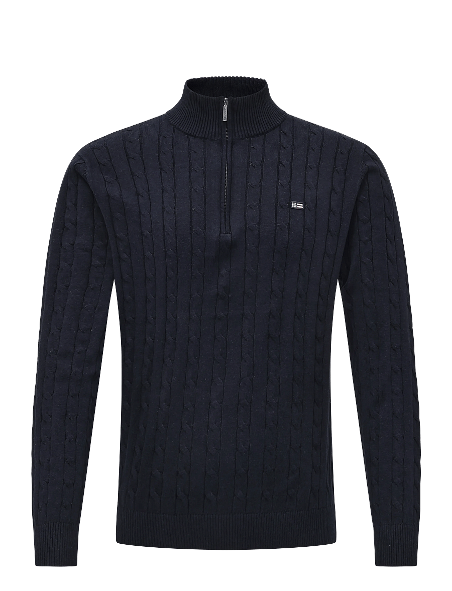 Lexington Clothing - Cotton Cable Knitted Half-Zip Sweater - poolpika lukuga džemprid - dark blue - 1