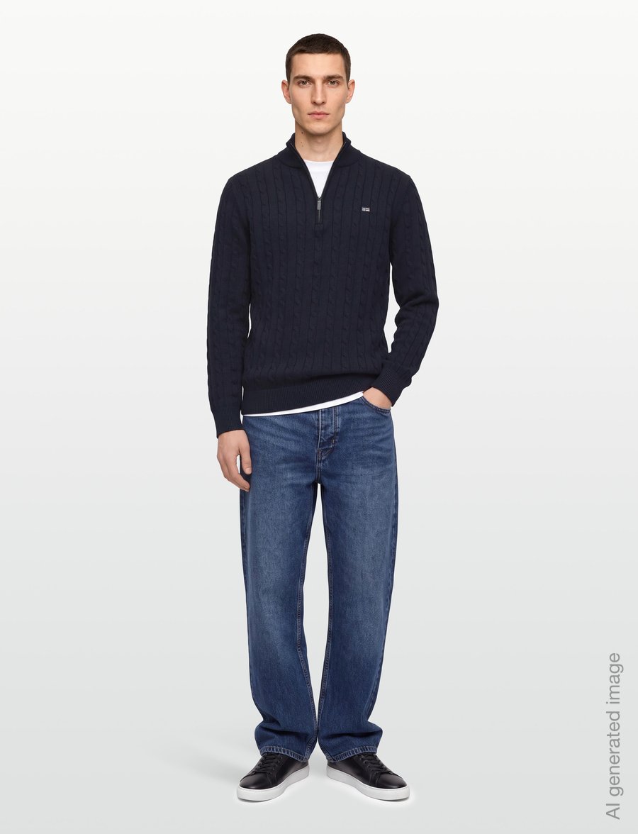 Lexington Clothing - Cotton Cable Knitted Half-Zip Sweater - poolpika lukuga džemprid - dark blue - 0