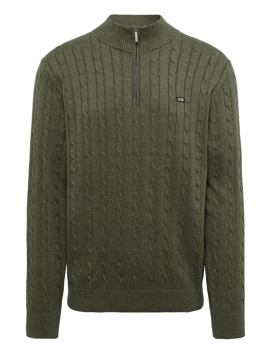 Lexington Clothing - Cotton Cable Knitted Half-Zip Sweater - halfzip strik - green melange - 0