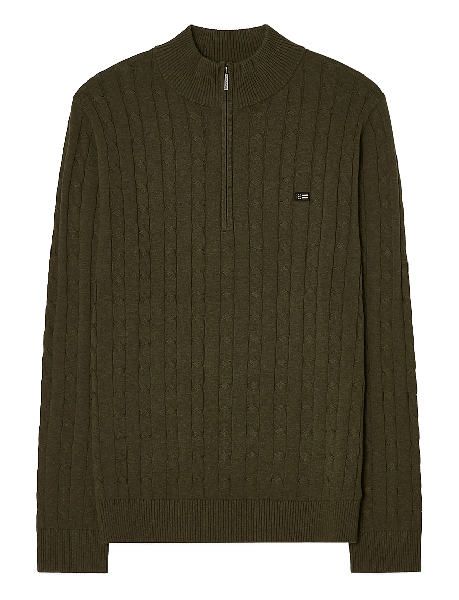 Lexington Clothing - Cotton Cable Knitted Half-Zip Sweater - green melange - 0