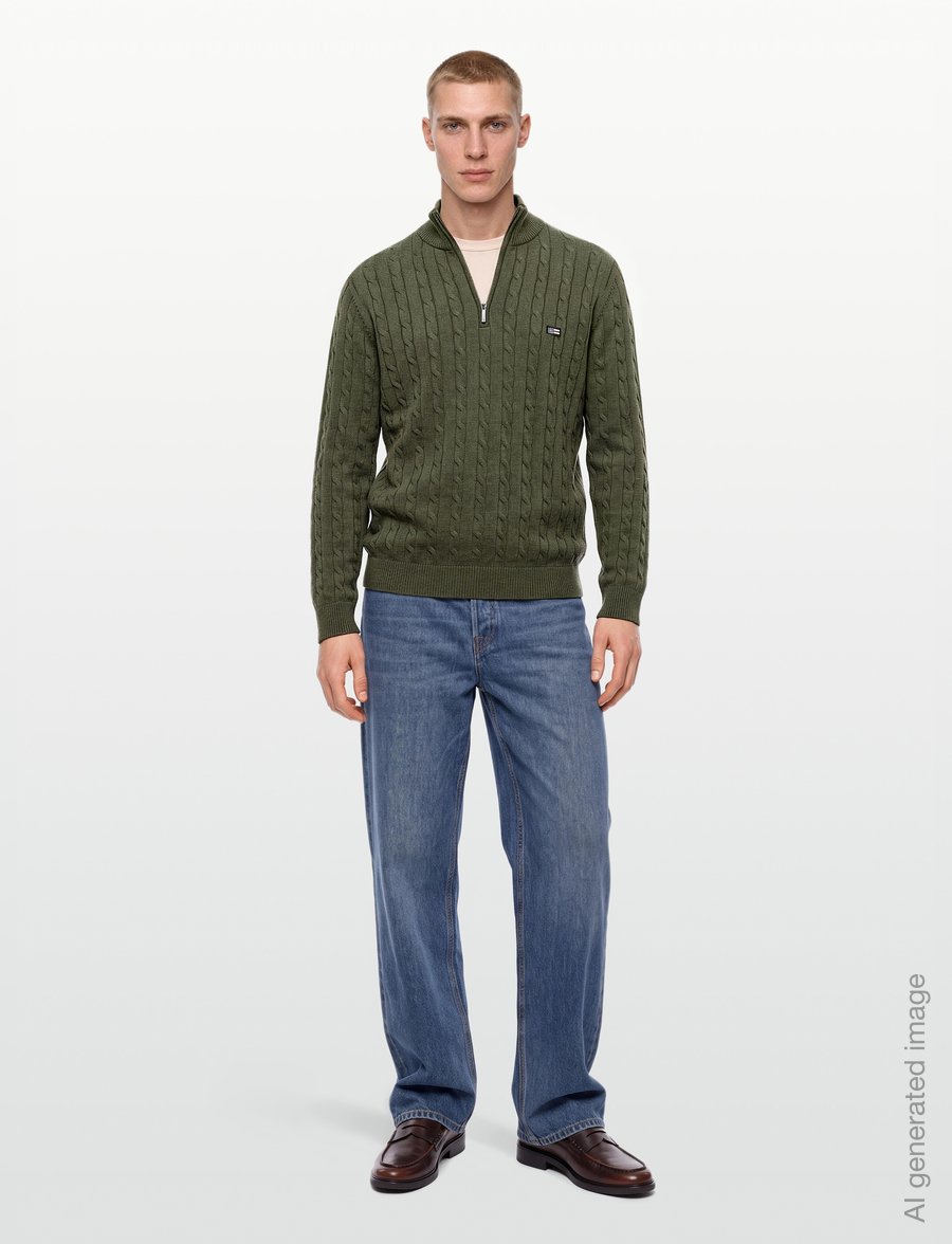 Lexington Clothing - Cotton Cable Knitted Half-Zip Sweater - poolpika lukuga džemprid - green melange - 0
