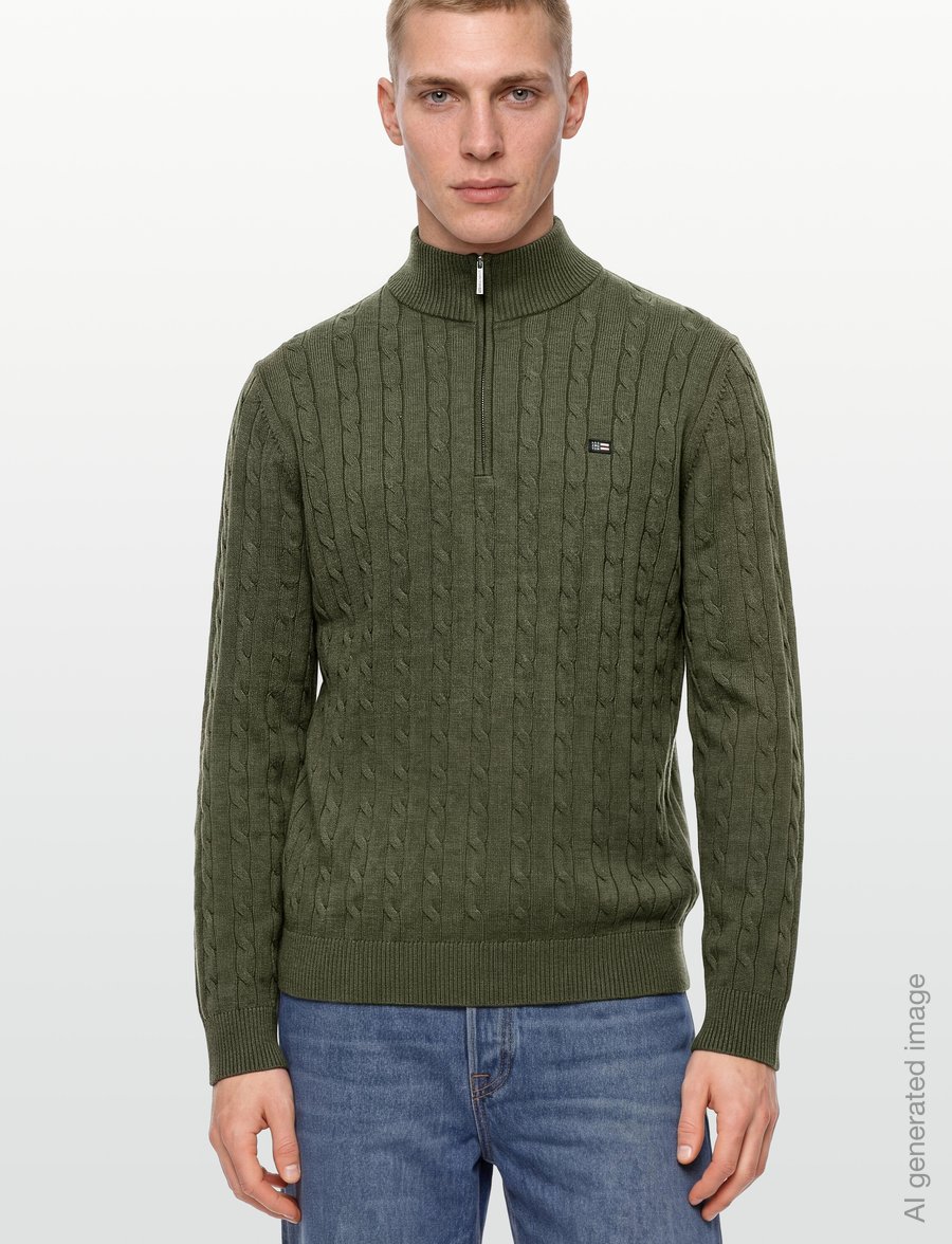 Lexington Clothing - Cotton Cable Knitted Half-Zip Sweater - poolpika lukuga džemprid - green melange - 3