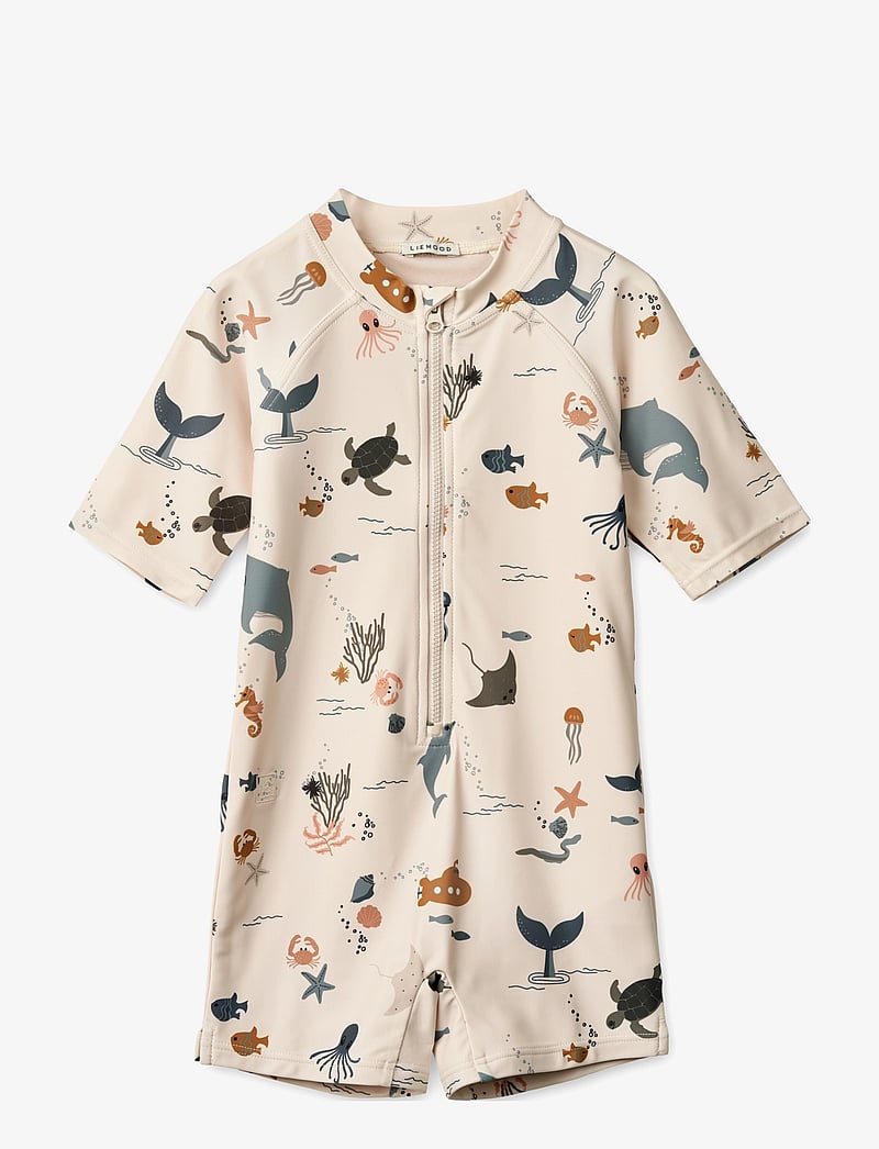 Liewood - Max Printed Shortsleeve Swim Jumpsuit - badedragter - sea creature sandy - 1