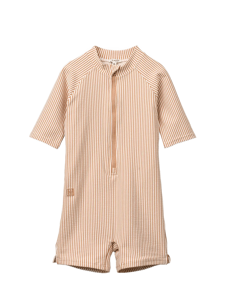 Liewood - Max Seersucker Shortsleeve Swim Jumpsuit - uv-tøj - y/d stripe pale tuscany / creme de la creme - 0