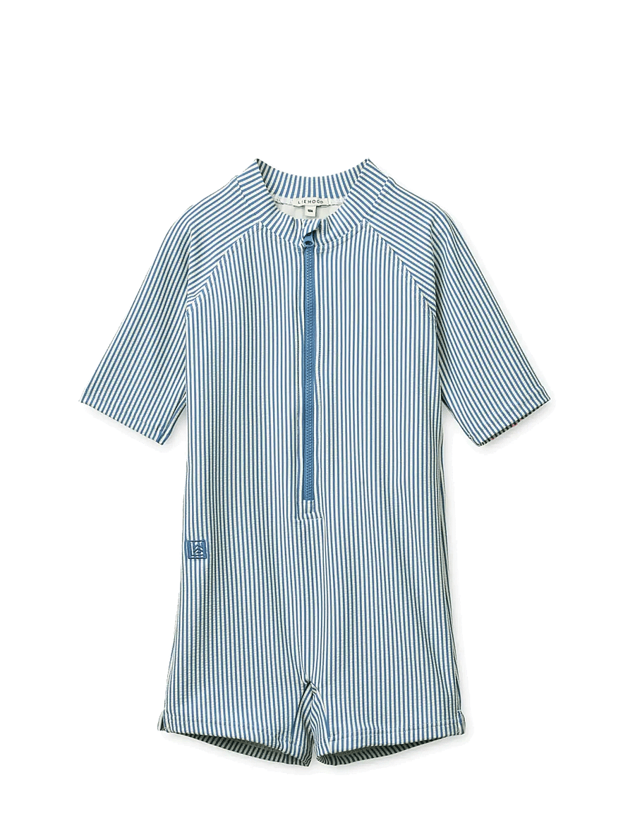Liewood - Max Seersucker Shortsleeve Swim Jumpsuit - uv-bekleidung - riverside / creme de la creme - 0
