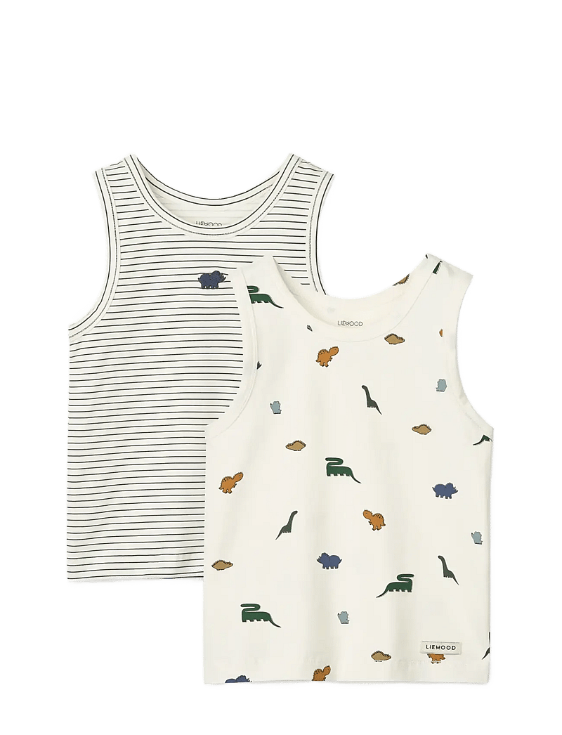 Liewood - Faris Printed Tank Top 2-pack - Ærmeløs undertrøje - mini dinosaurs creme / stripe mix - 0