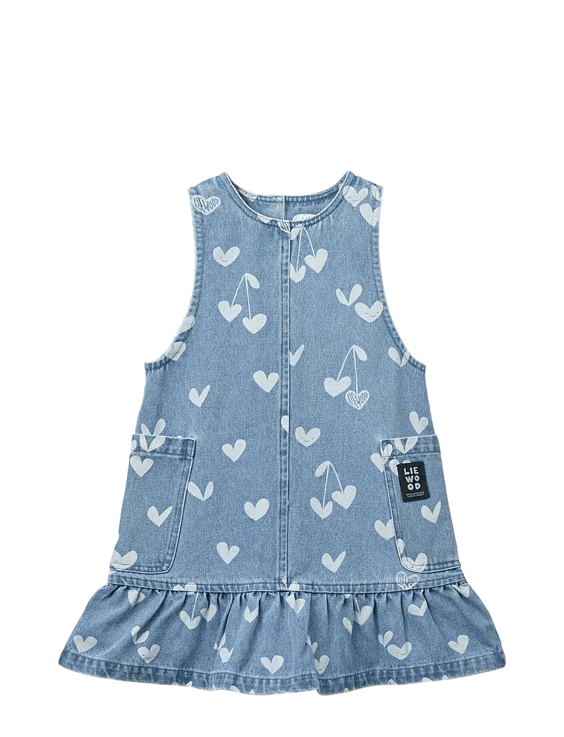 Liewood - Angelica Printed Denim frill Dress - varrukateta beebi kleidid - sweethearts / light blue denim - 1