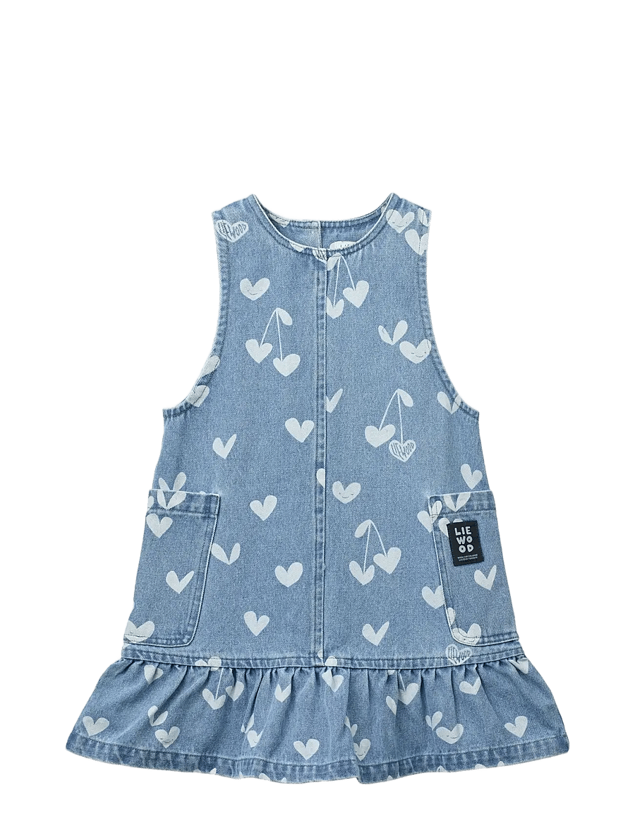 Liewood - Angelica Printed Denim frill Dress - Ærmeløse babykjoler - sweethearts / light blue denim - 1