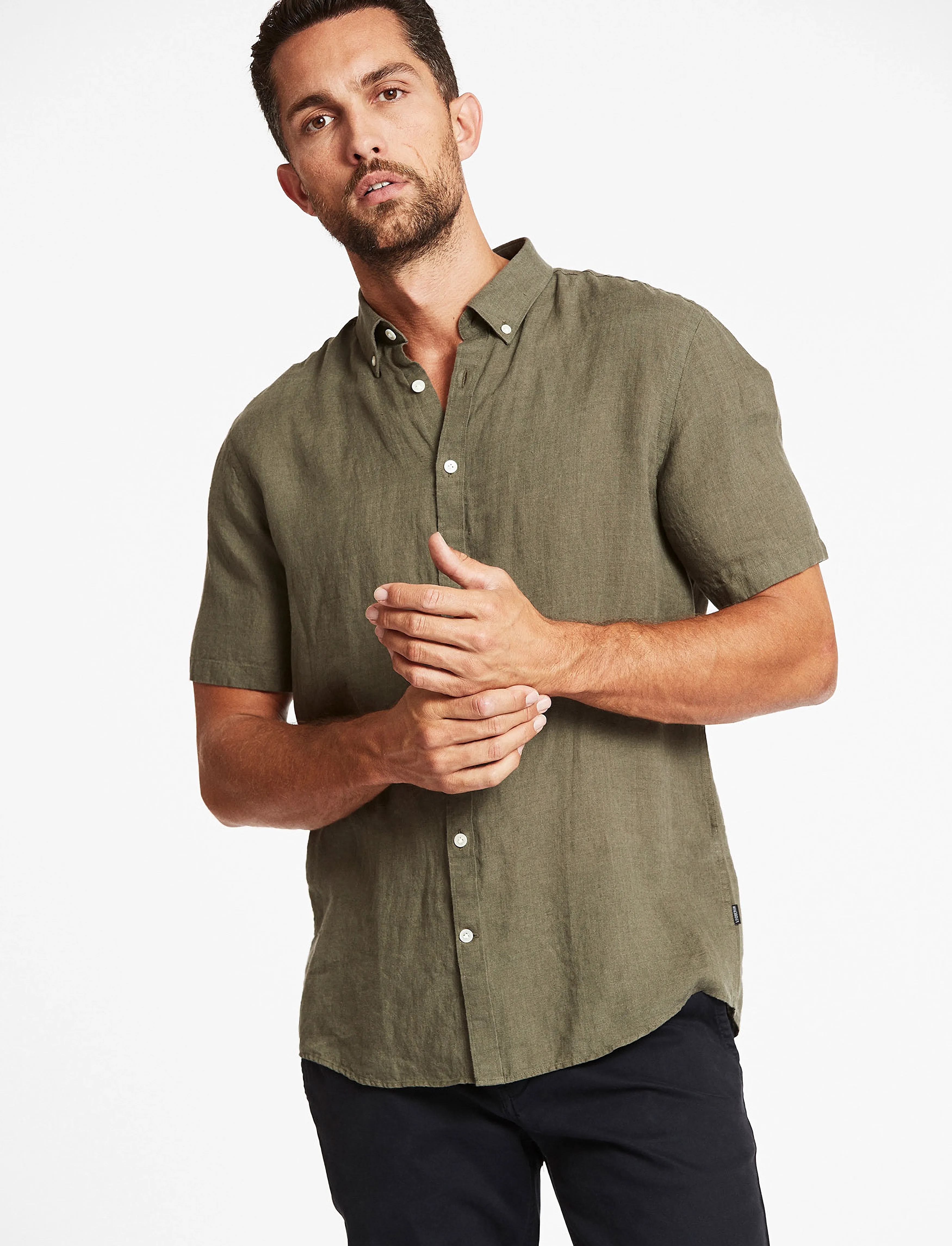 Lindbergh Black Soft Linen Shirt S/S Modern Fit, Mænd, Kortærmet Hørskjorte, Grøn, Str: M