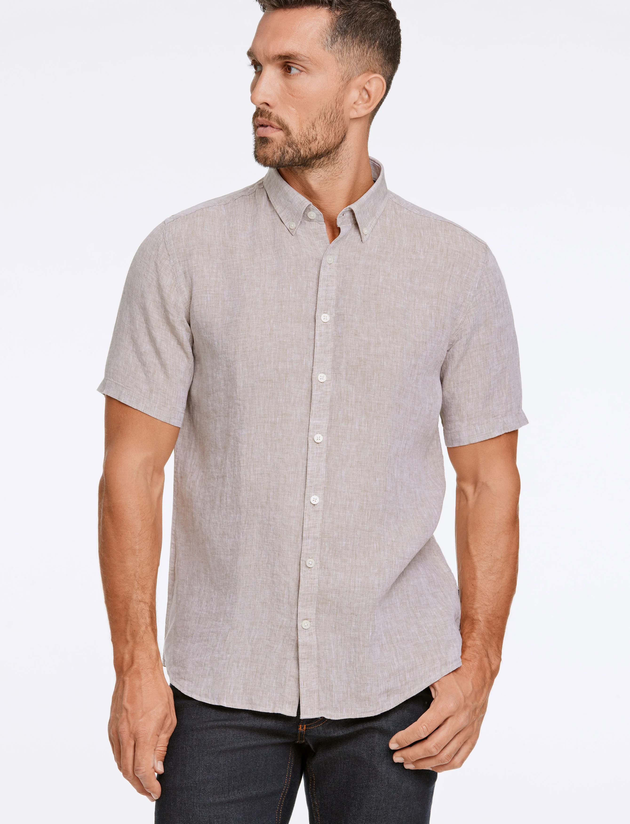 Lindbergh Black Soft Linen Shirt S/S Modern Fit, Mænd, Kortærmet Hørskjorte, Beige, Str: L