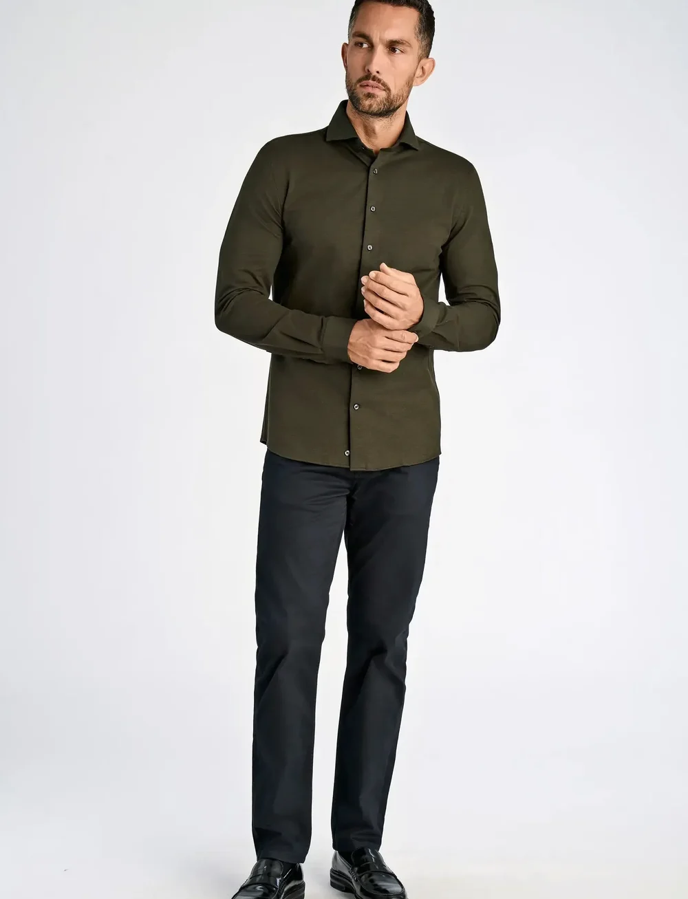 Lindbergh Black - Piqué knitted shirt L/S - formālie krekli - dk army mel - 0