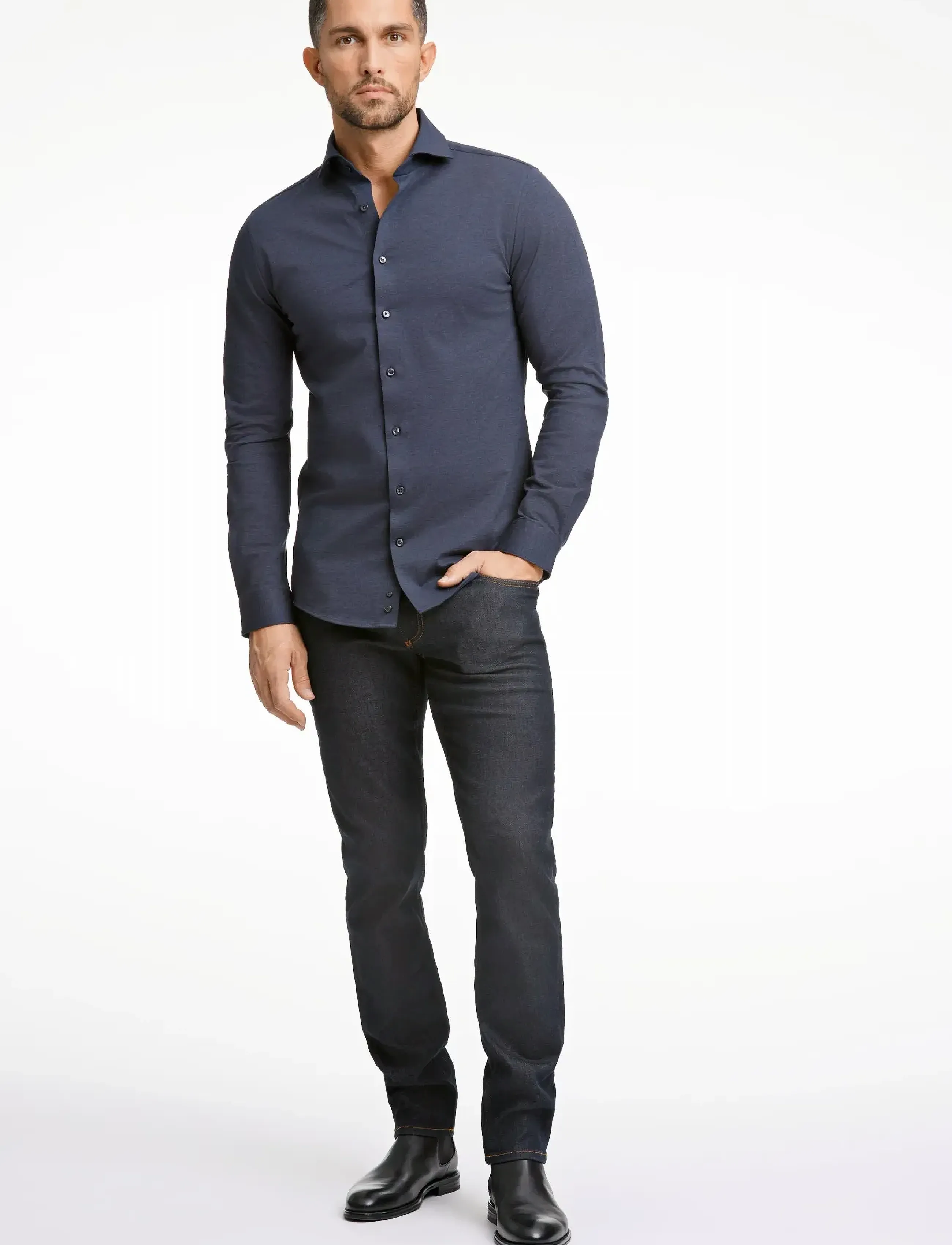 Lindbergh Black Piqué Knitted Shirt L/S, 3XL, Shirts, Marineblau - Business Männerswear
