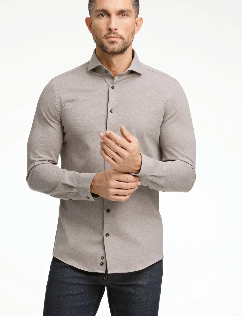 Lindbergh Black - Piqué knitted shirt L/S - formal shirts - dk sand mel - 5