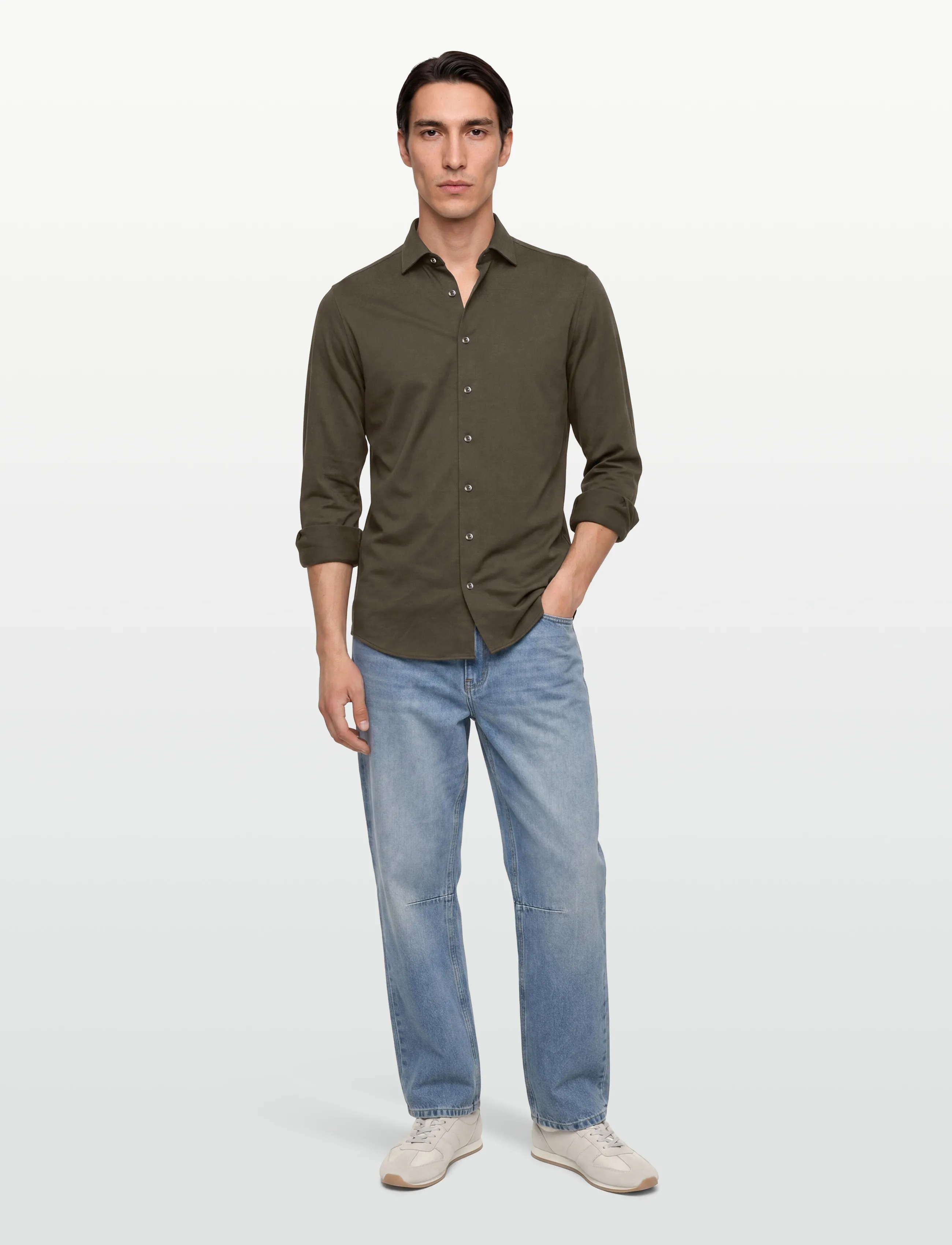 Lindbergh Black Superflex Knitted Shirt L/S, L, Shirts, Khakigrün - Business Männerswear