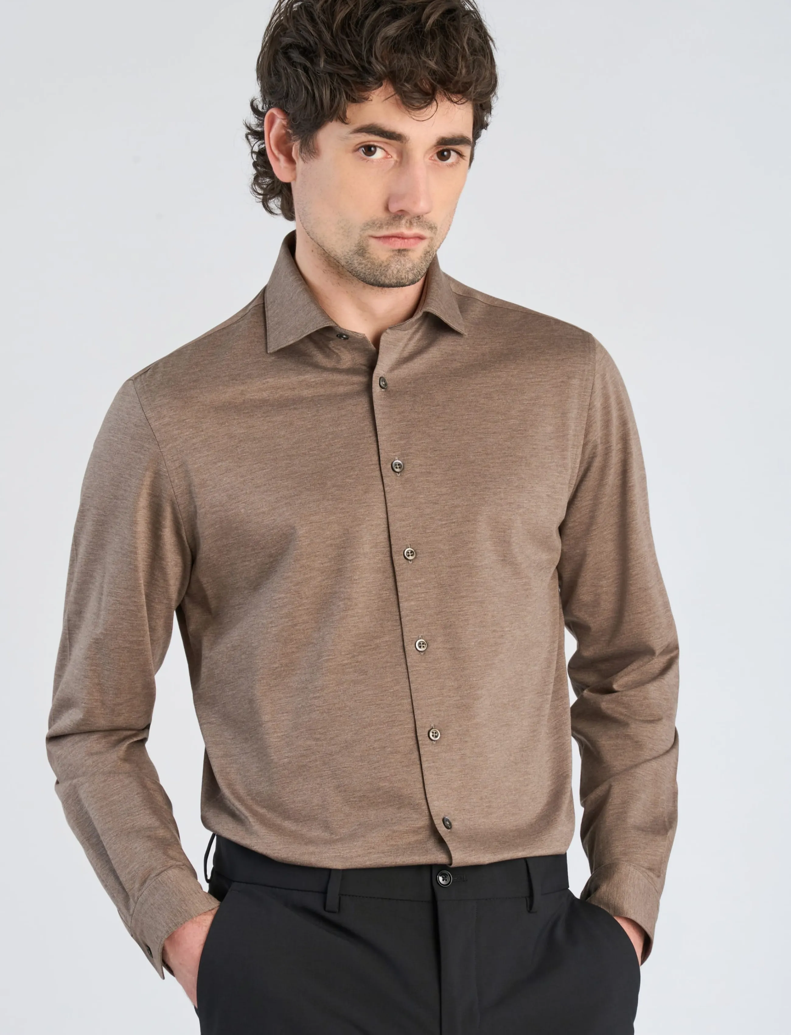 Lindbergh Black - Superflex knitted shirt L/S - casual shirts - dk sand mel - 3